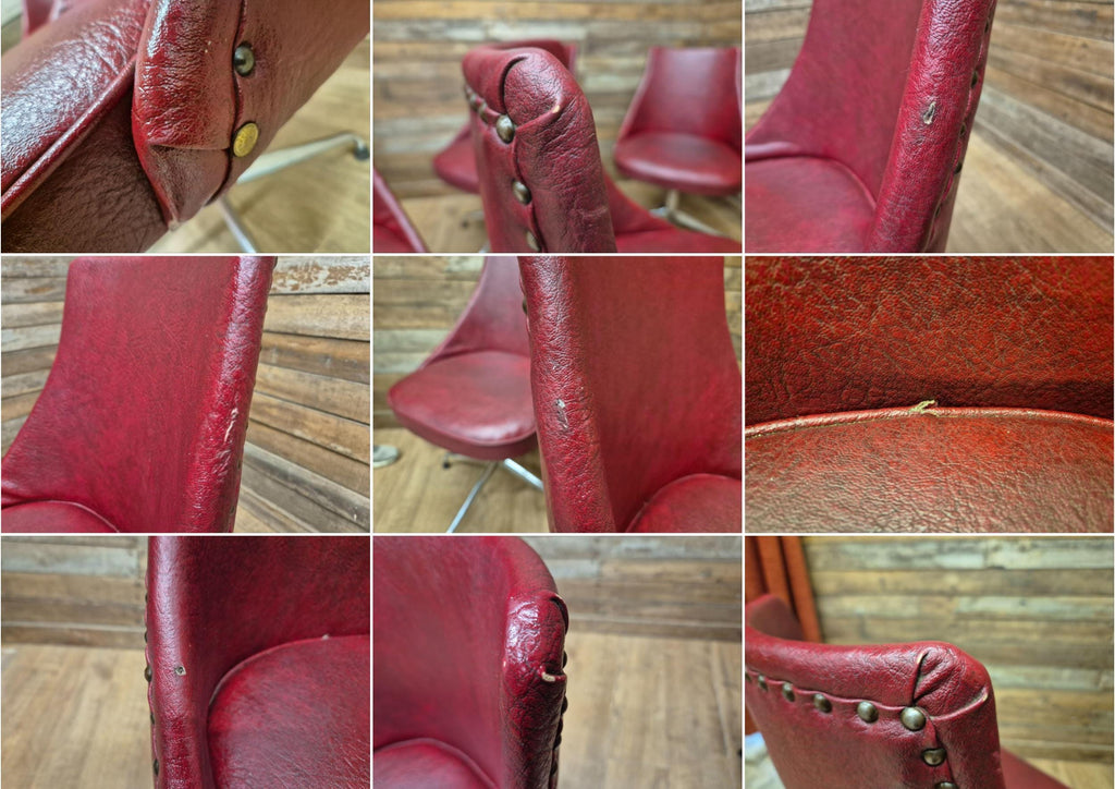 4 Vintage 1960s Retro Swivel Dining Chairs Red Vinyl Upholstery on Chrome Bases