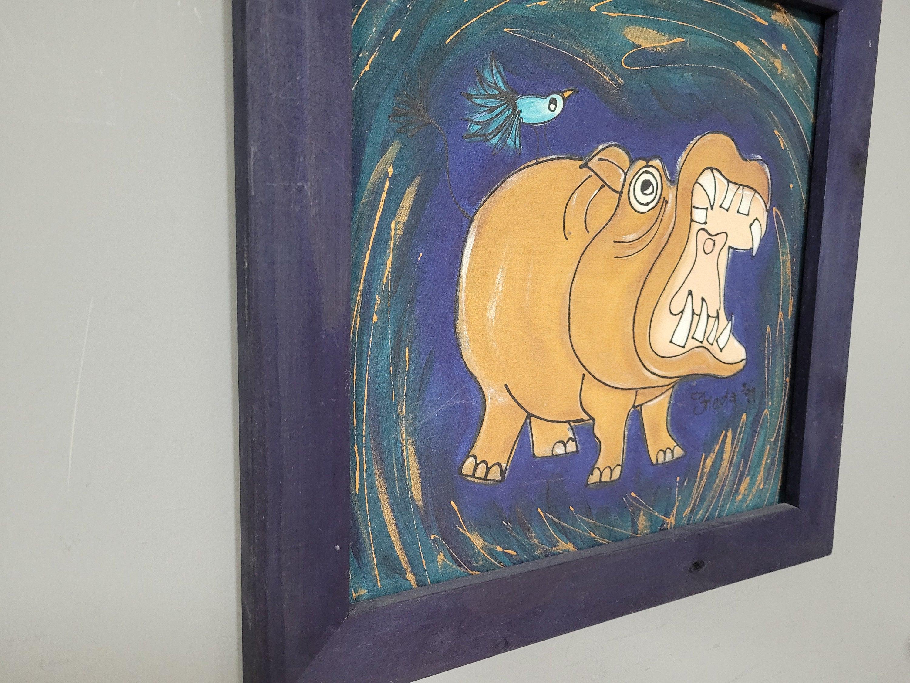 Original Framed Picture Of Hippo Signed Frieda #1