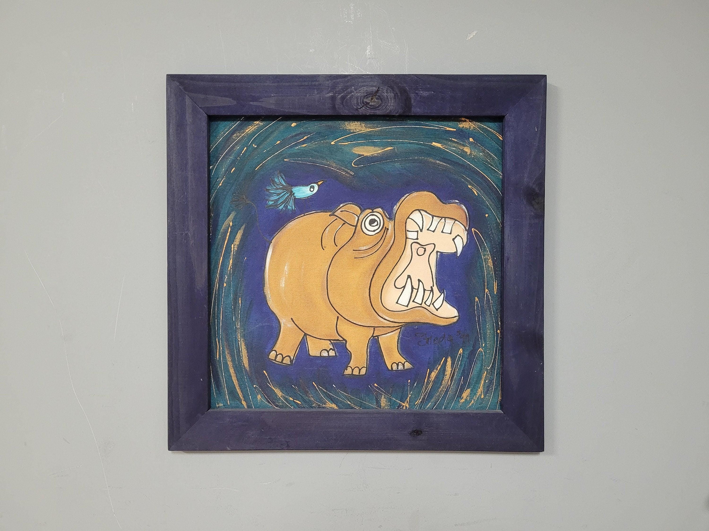 Original Framed Picture Of Hippo Signed Frieda #1