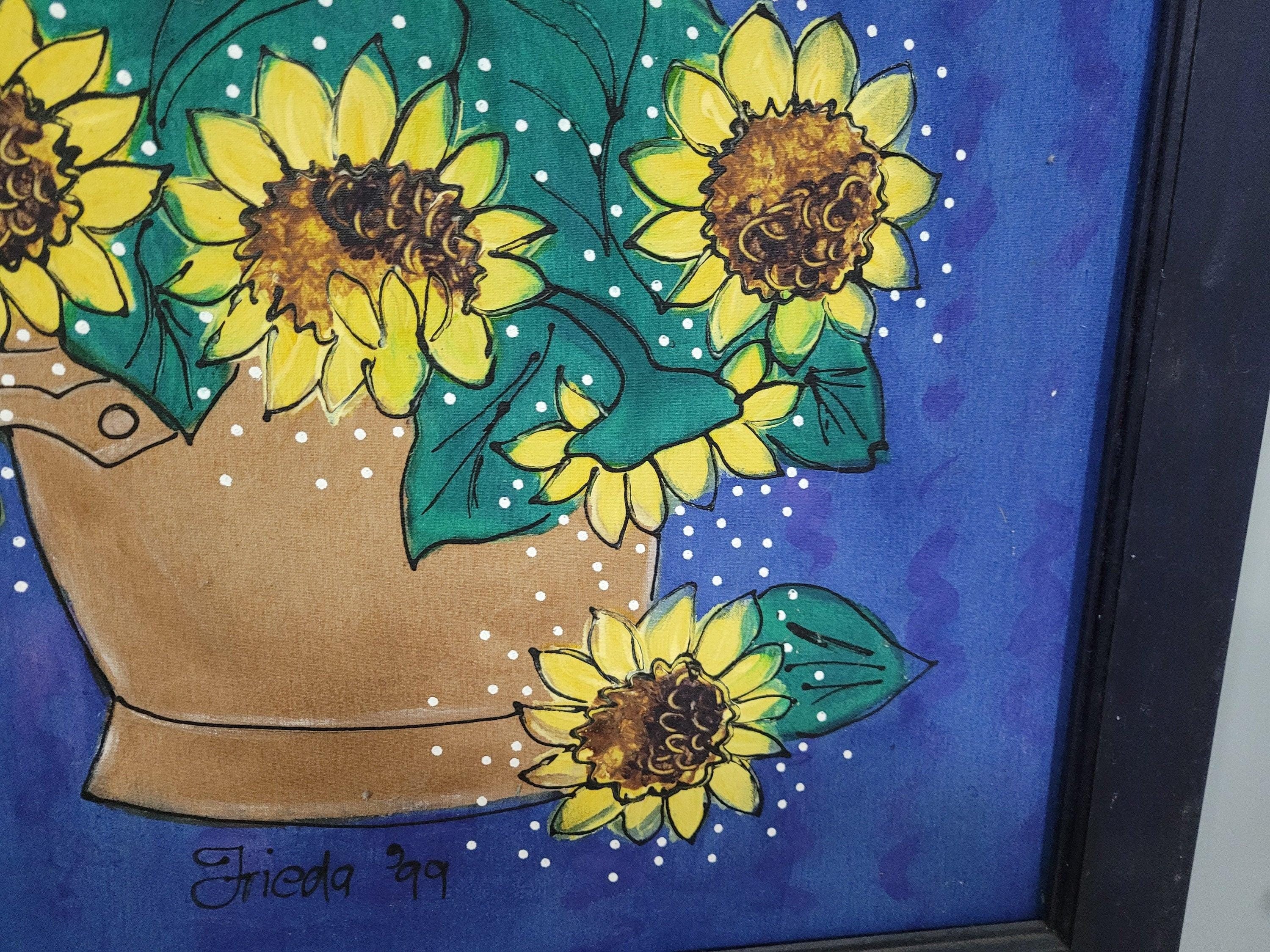 Original Framed Picture Of Sunflowers Signed Frieda #3