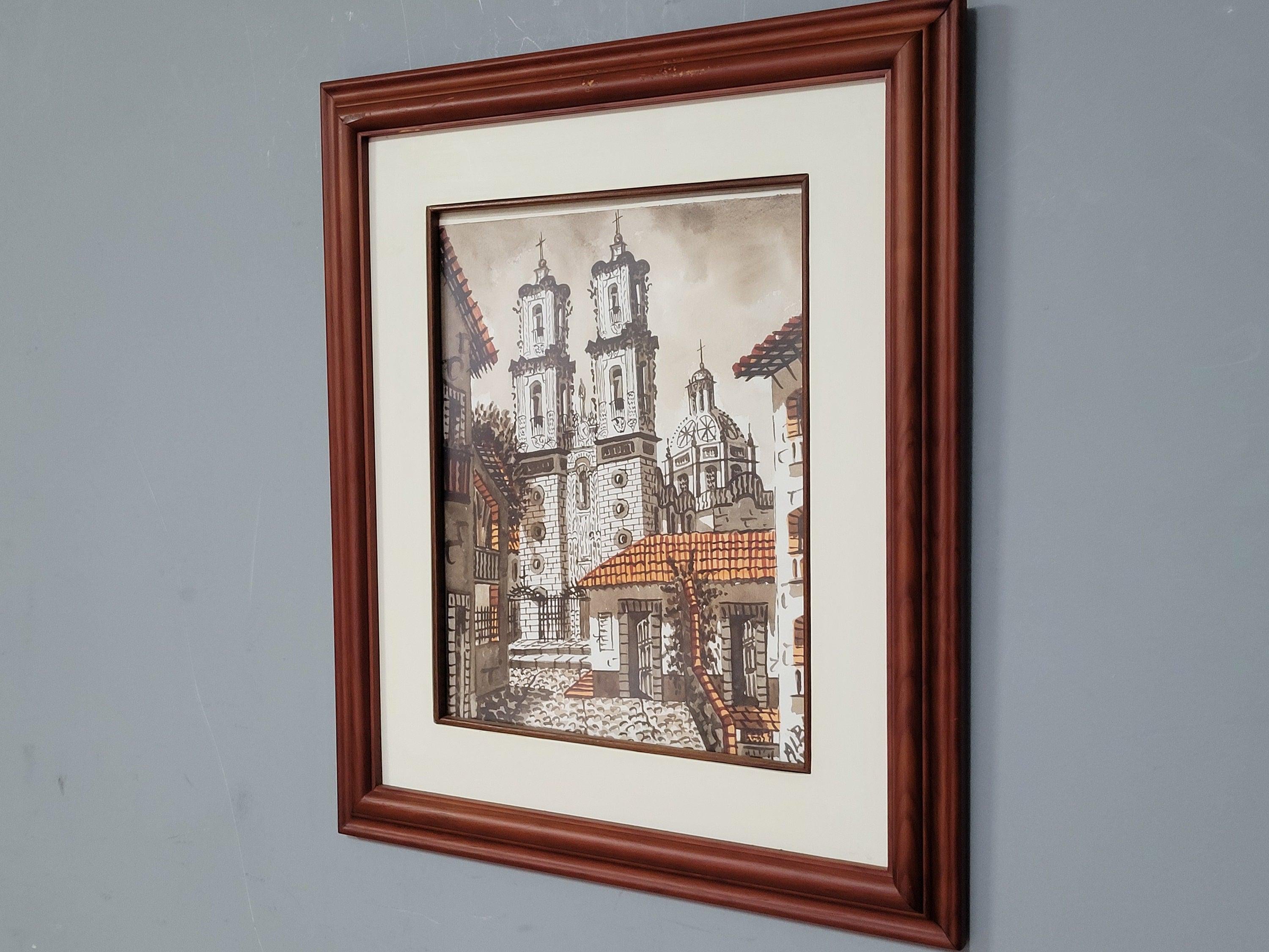 Framed Watercolour Silver Taxco Cathedral Mexico Original Signed #8