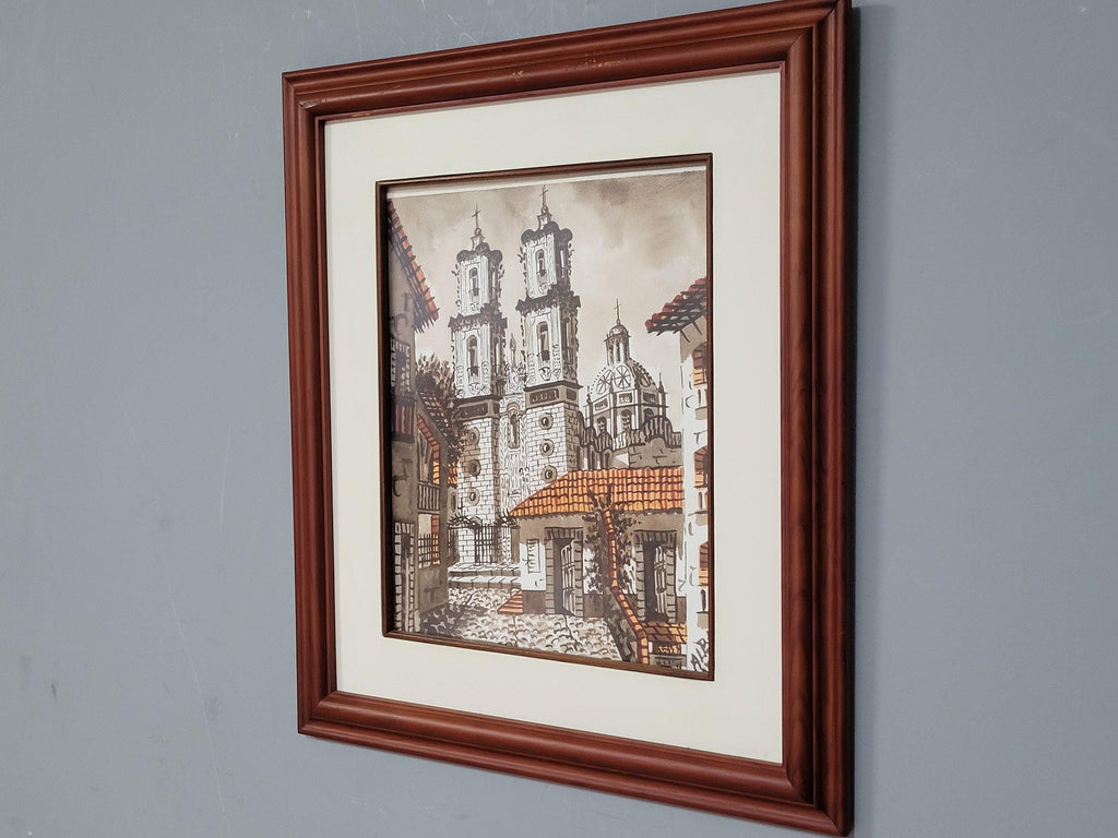 Framed Watercolour Silver Taxco Cathedral Mexico Original Signed #8