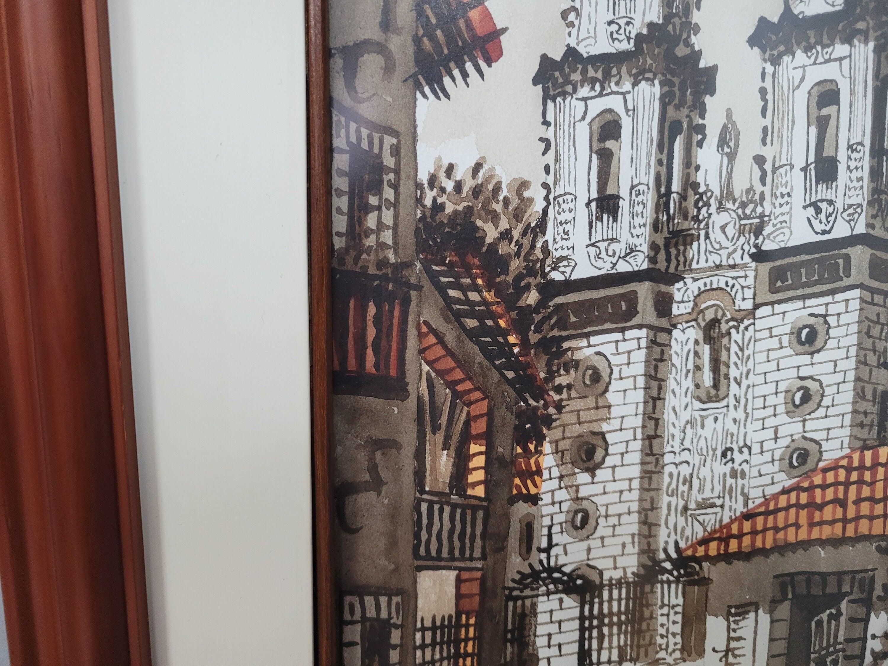 Framed Watercolour Silver Taxco Cathedral Mexico Original Signed #8