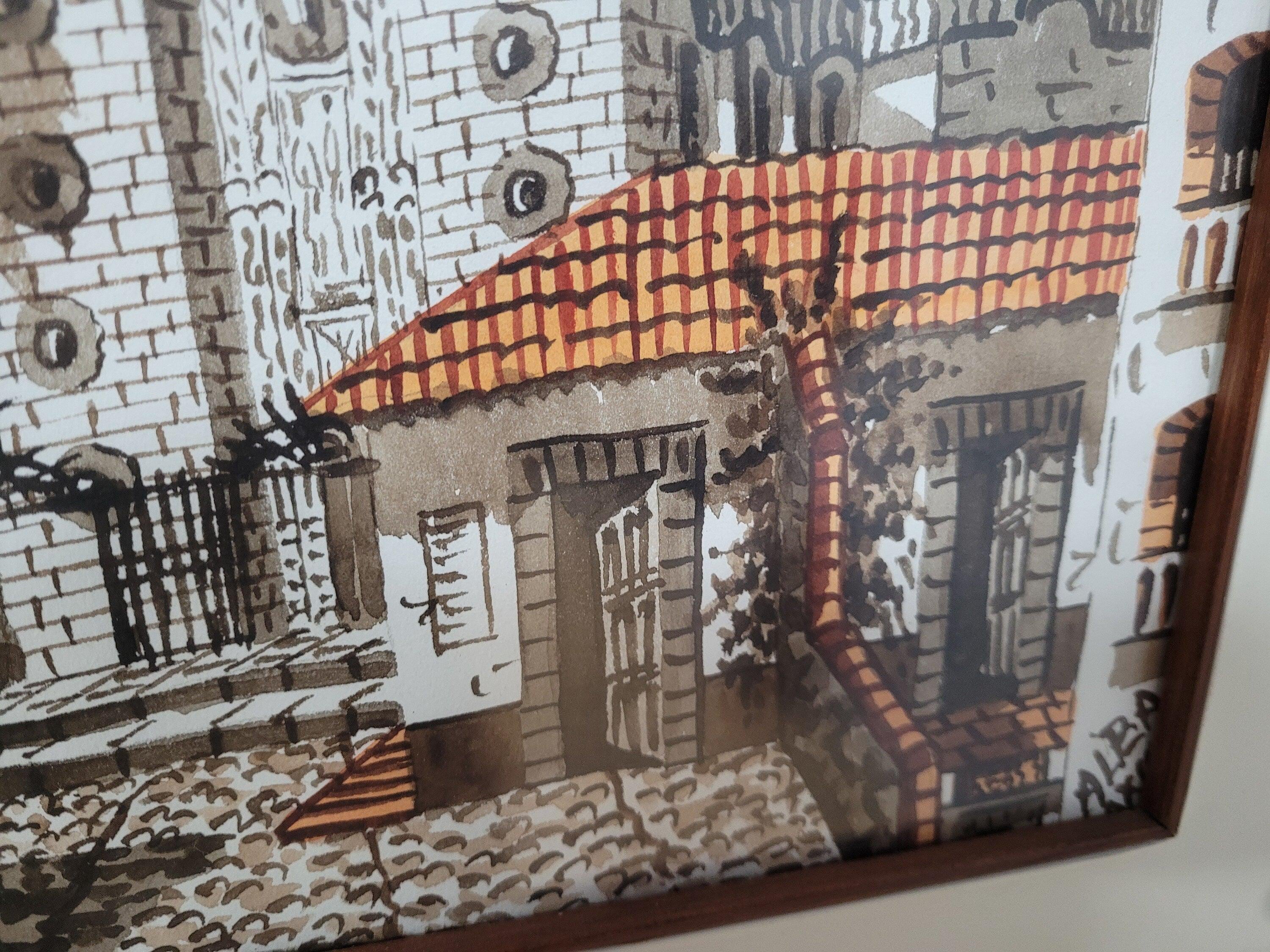 Framed Watercolour Silver Taxco Cathedral Mexico Original Signed #8