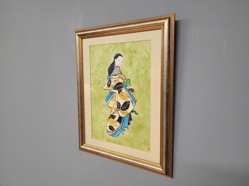 Framed Watercolour Of Geisha After Kaigetsigetsudo Anchi By Sylvia Barnston