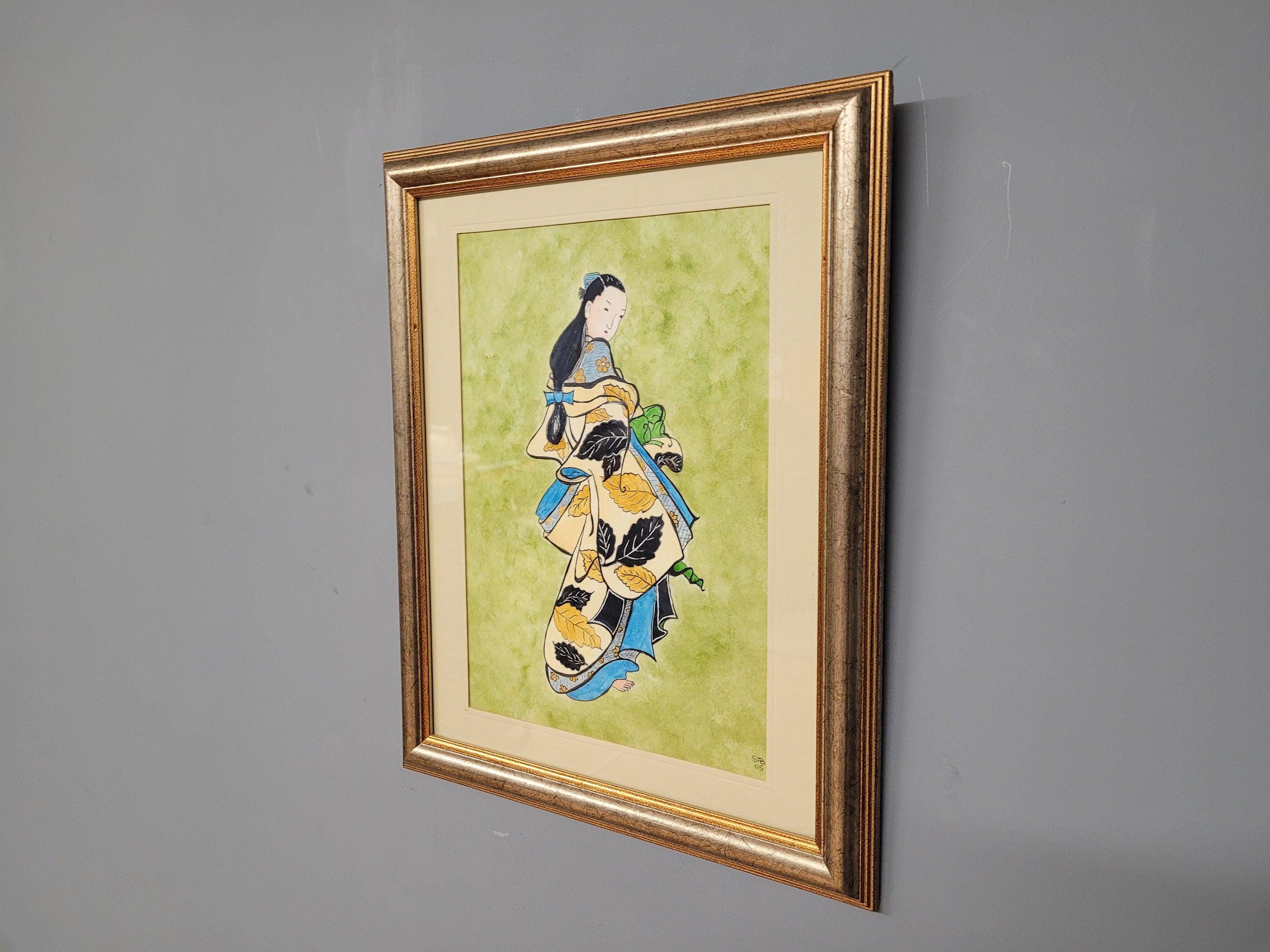 Framed Watercolour Of Geisha After Kaigetsigetsudo Anchi By Sylvia Barnston
