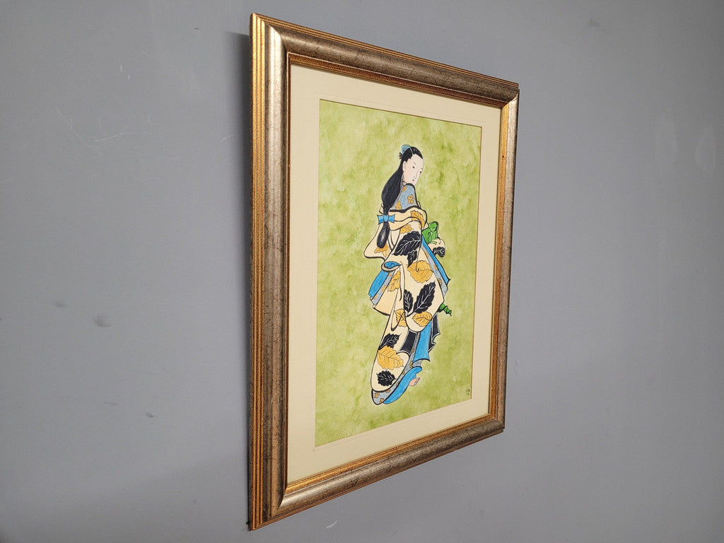 Framed Watercolour Of Geisha After Kaigetsigetsudo Anchi By Sylvia Barnston