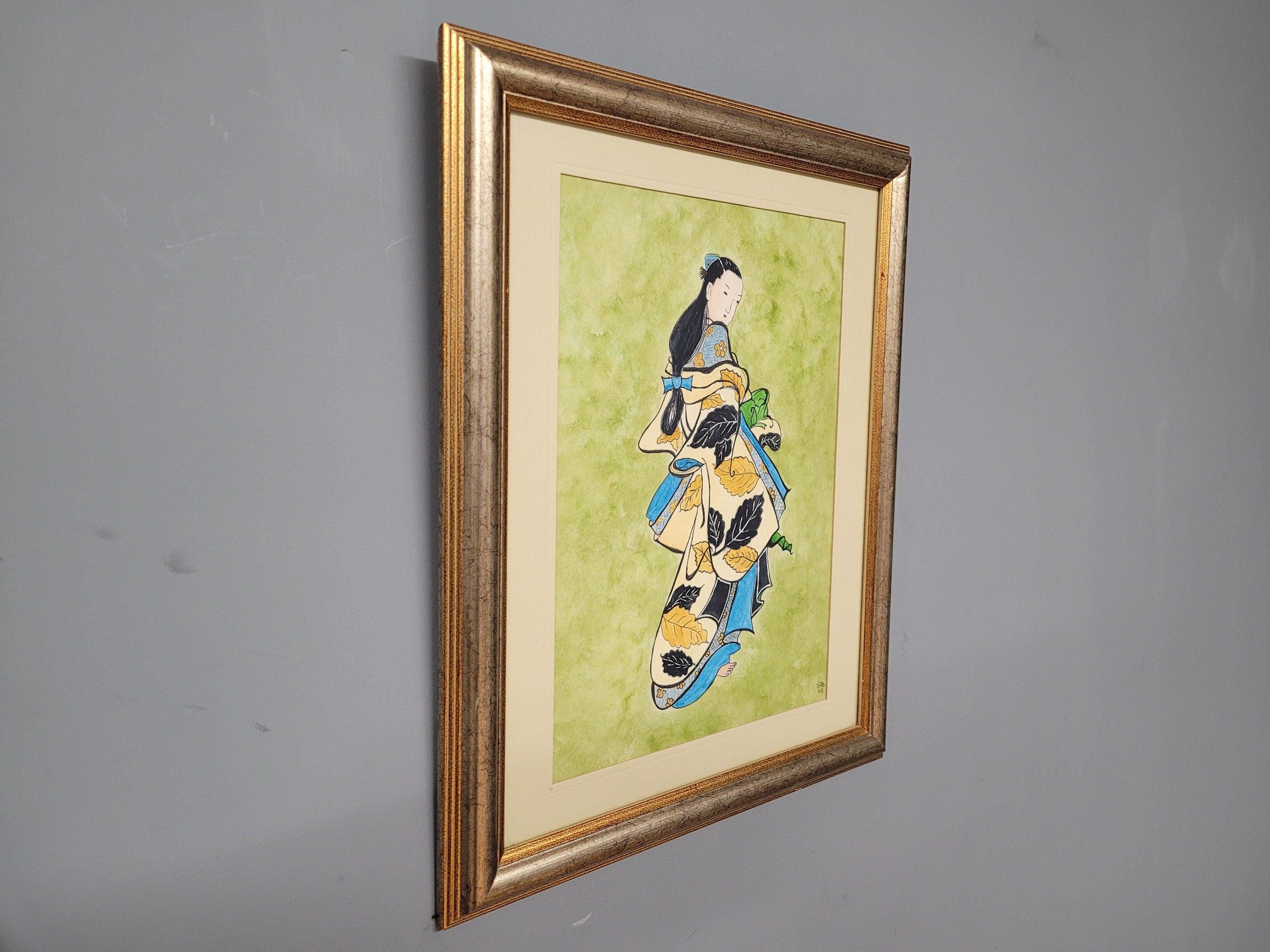 Framed Watercolour Of Geisha After Kaigetsigetsudo Anchi By Sylvia Barnston