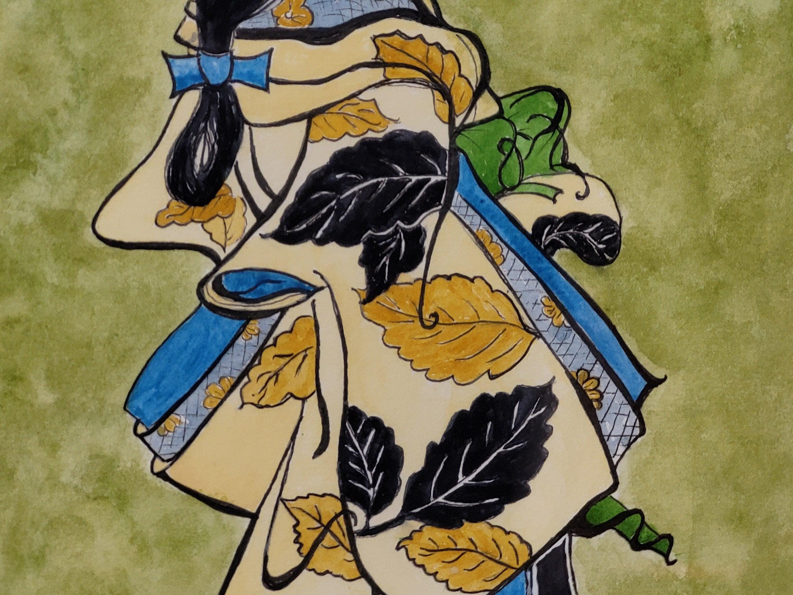 Framed Watercolour Of Geisha After Kaigetsigetsudo Anchi By Sylvia Barnston