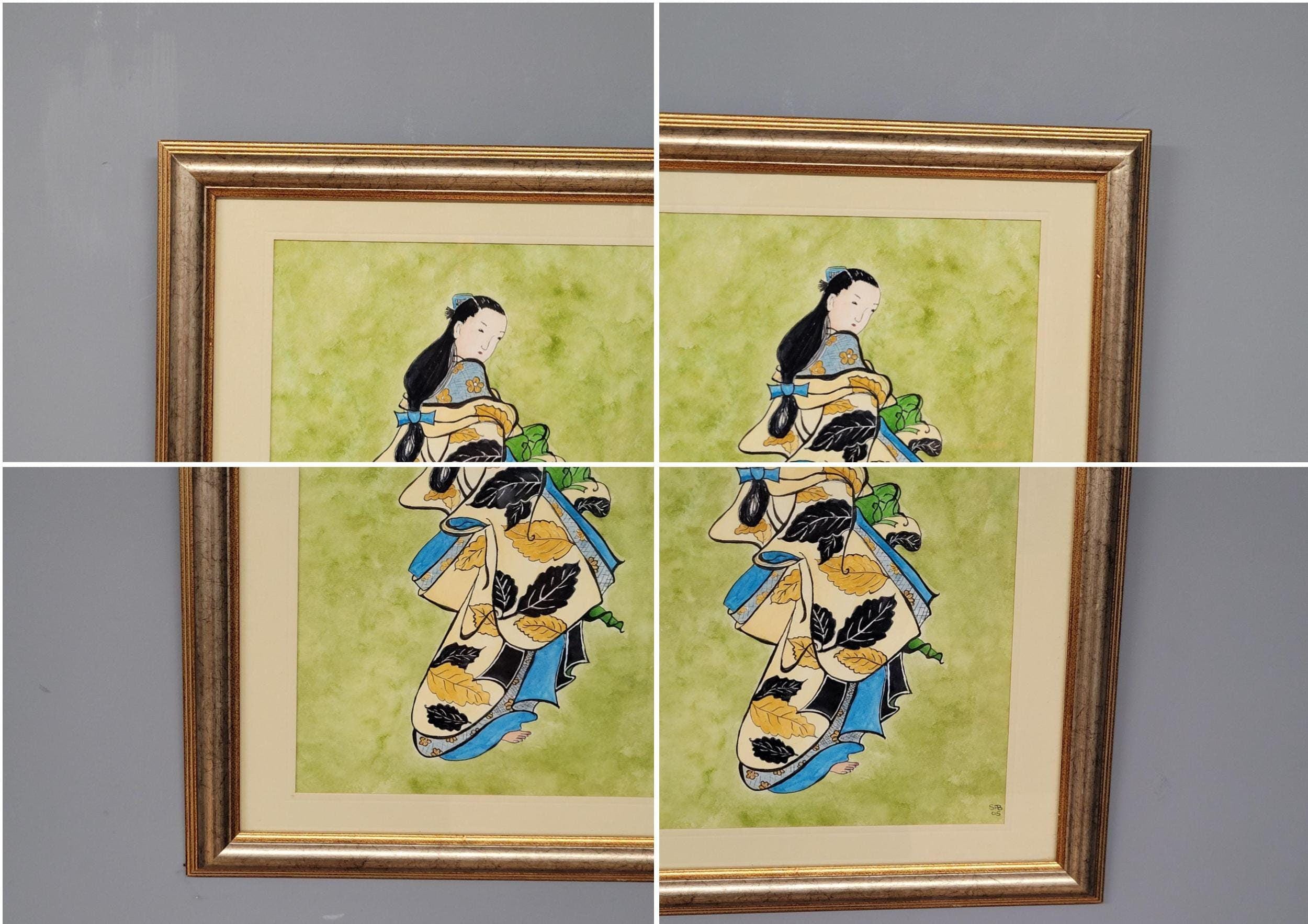 Framed Watercolour Of Geisha After Kaigetsigetsudo Anchi By Sylvia Barnston