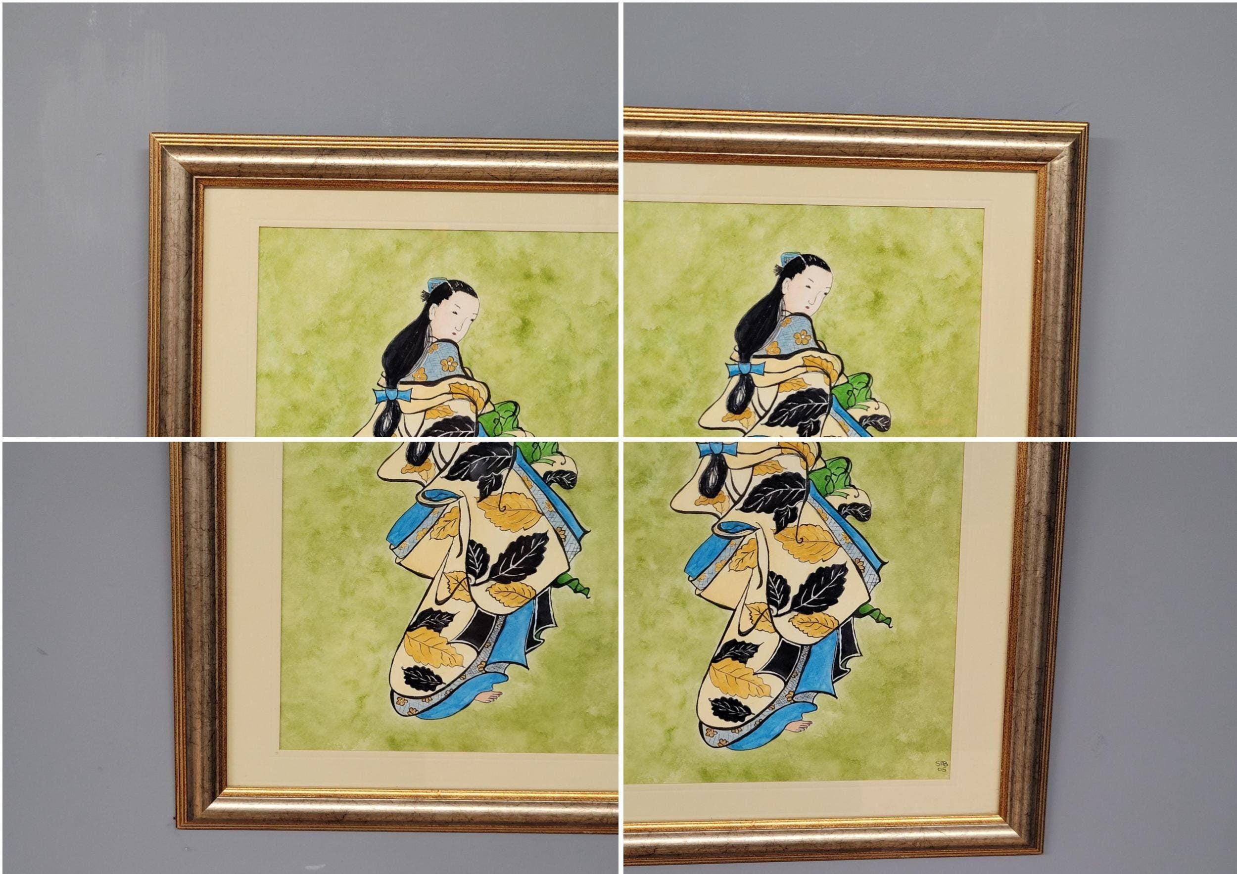 Framed Watercolour Of Geisha After Kaigetsigetsudo Anchi By Sylvia Barnston