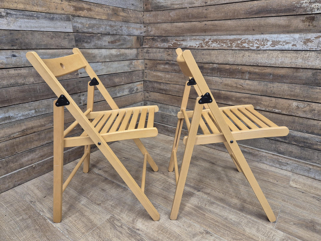Two Vintage Wooden Slatted Folding Chairs Space Saving