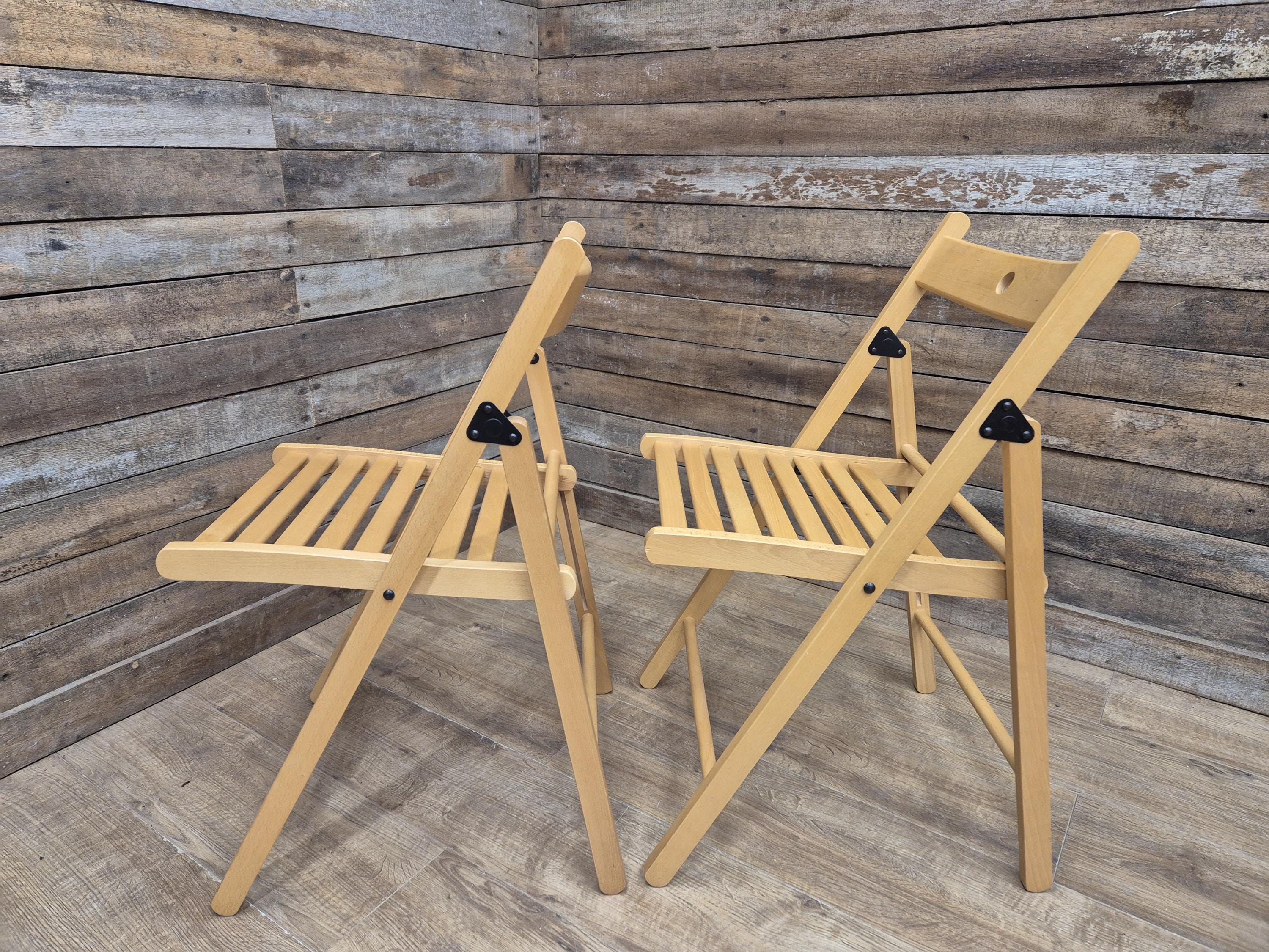 Two Vintage Wooden Slatted Folding Chairs Space Saving