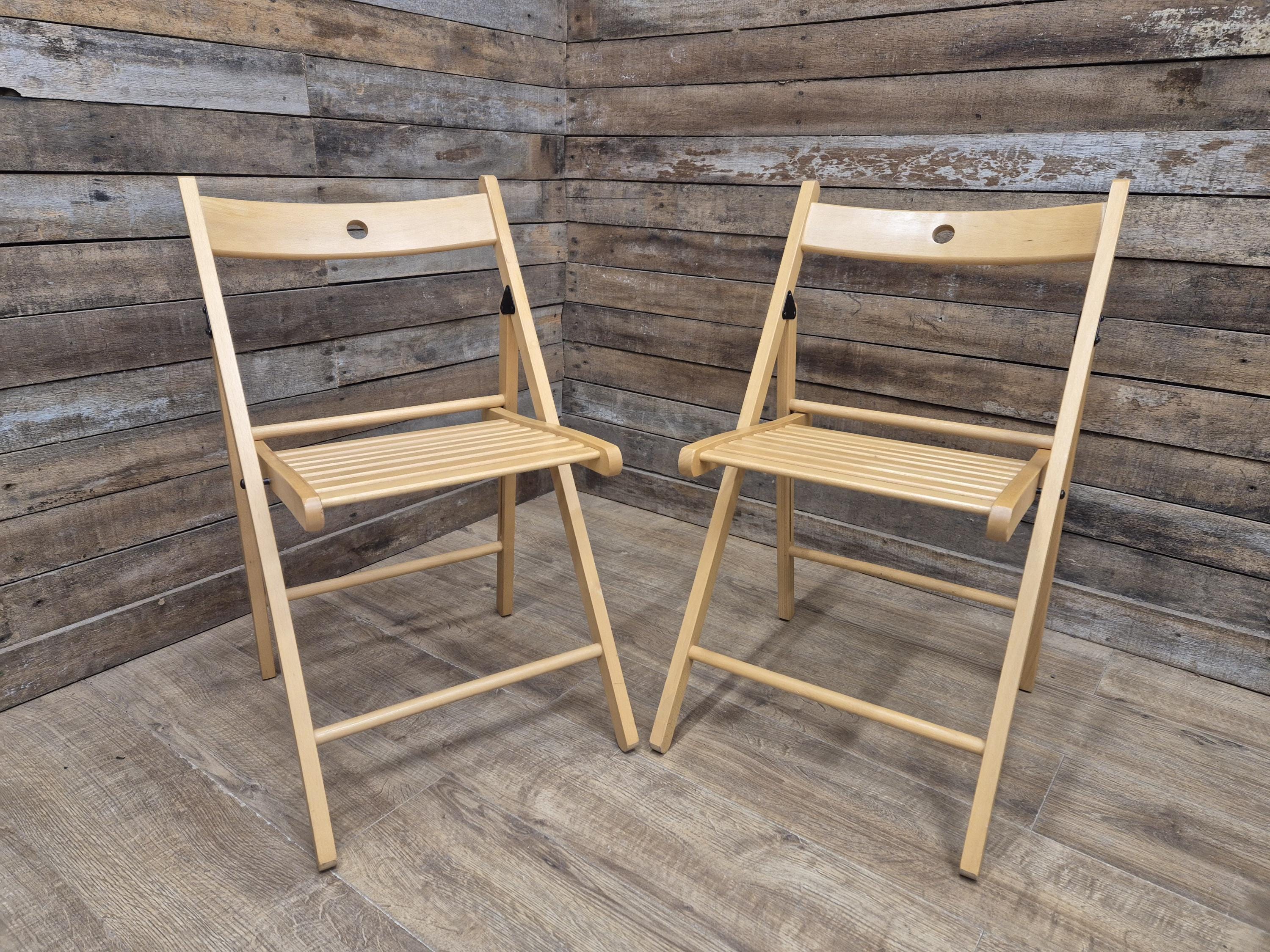 Two Vintage Wooden Slatted Folding Chairs Space Saving