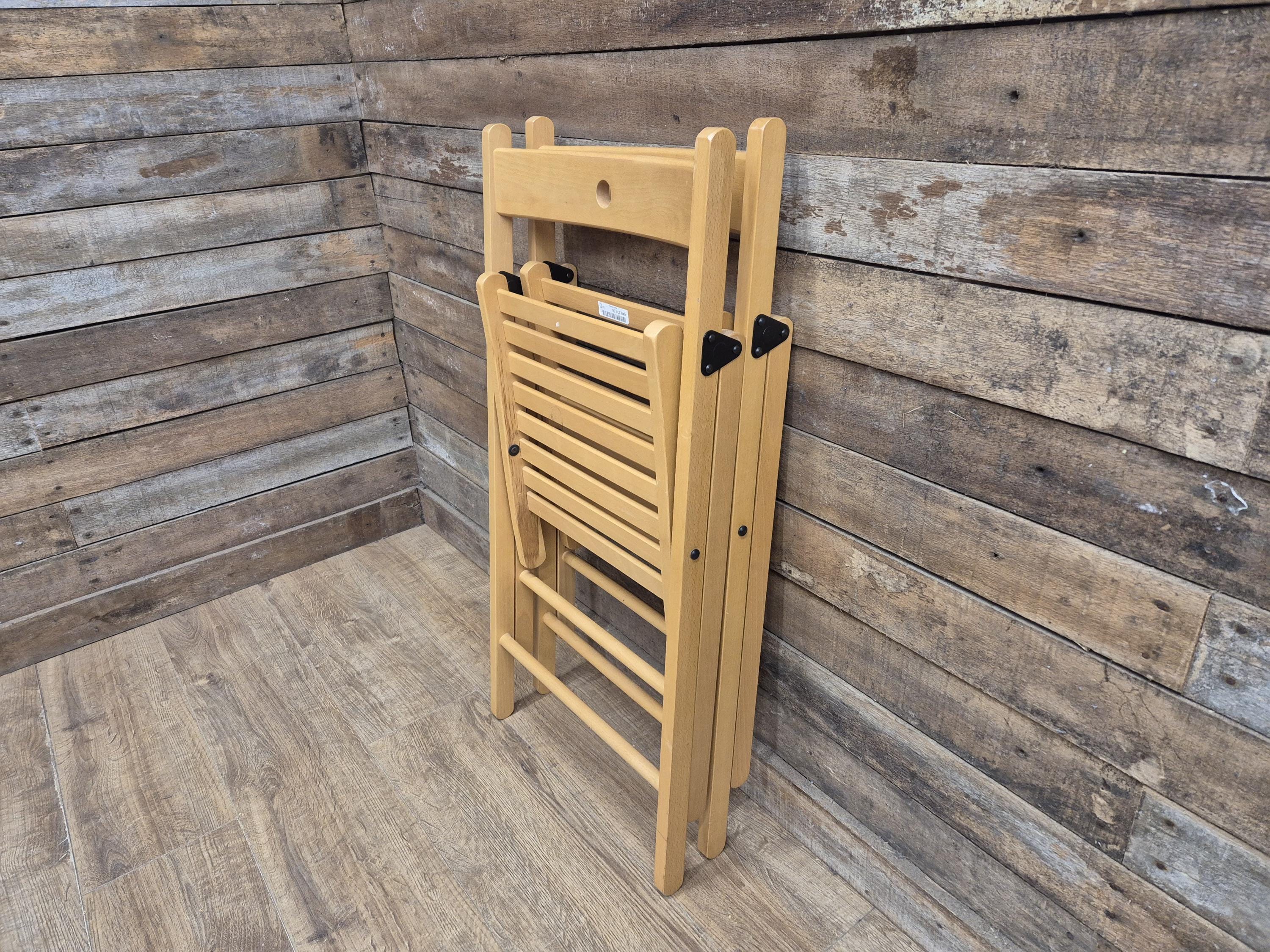 Two Vintage Wooden Slatted Folding Chairs Space Saving