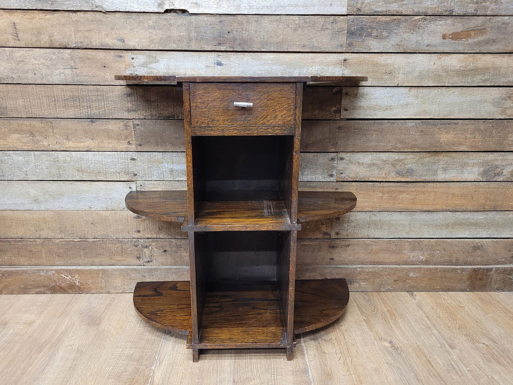 Vintage Art Deco Oak Three Tier Whatnot Plant Stand With Drawer