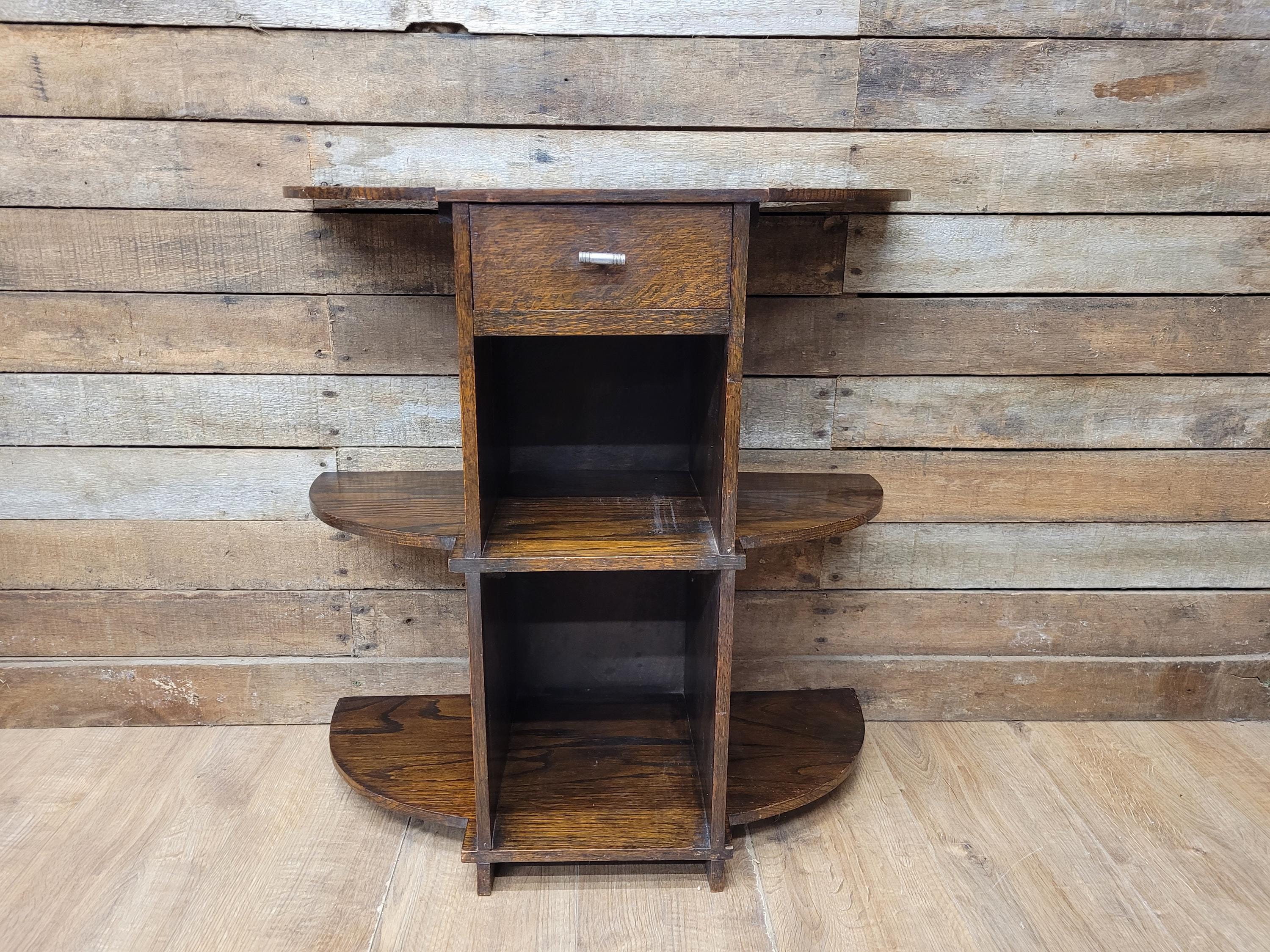 Vintage Art Deco Oak Three Tier Whatnot Plant Stand With Drawer