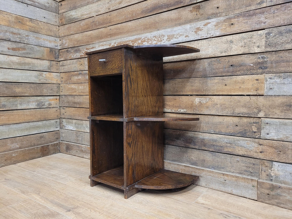 Vintage Art Deco Oak Three Tier Whatnot Plant Stand With Drawer