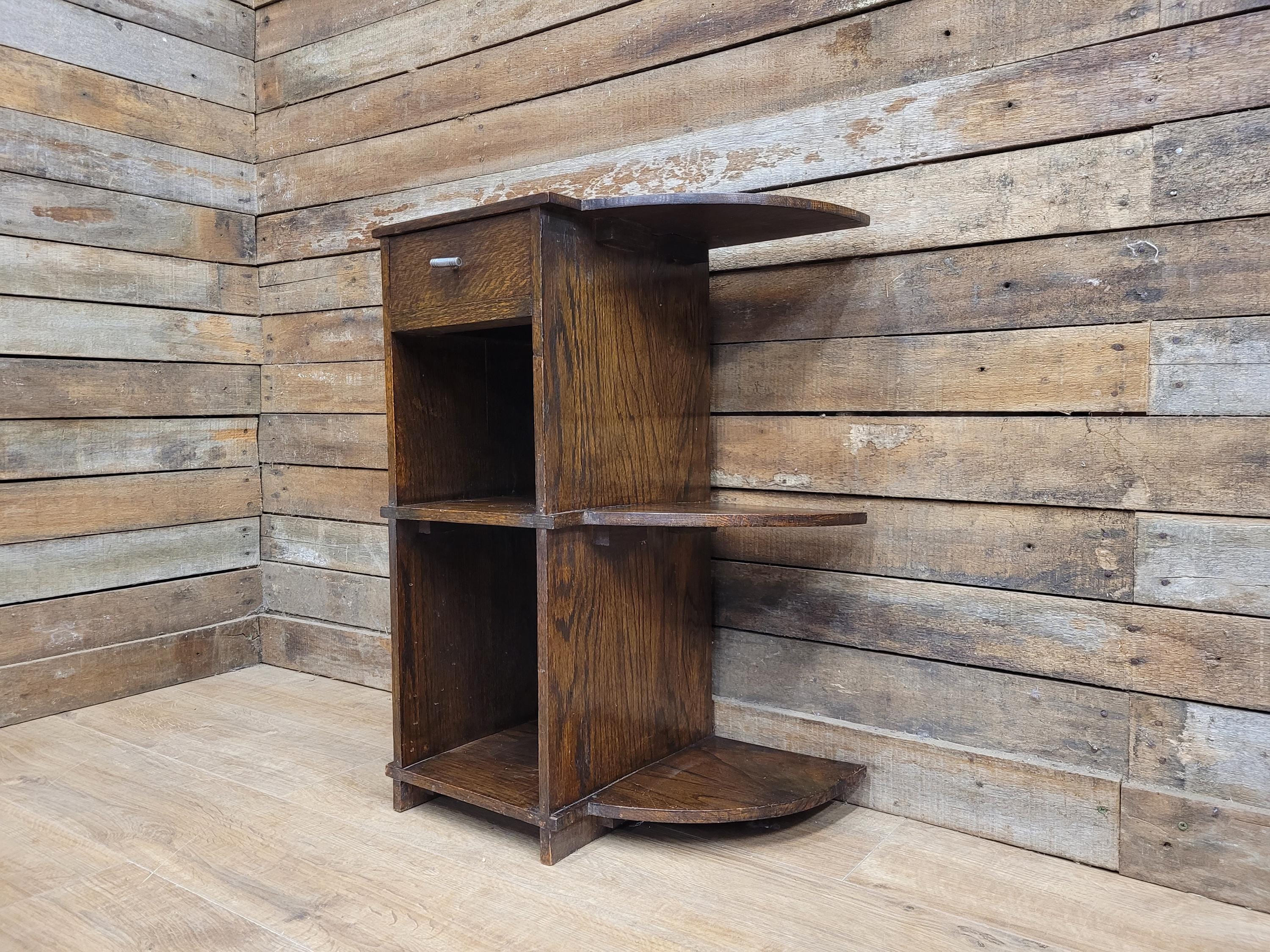 Vintage Art Deco Oak Three Tier Whatnot Plant Stand With Drawer