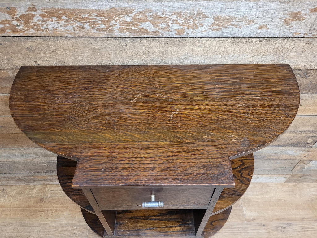 Vintage Art Deco Oak Three Tier Whatnot Plant Stand With Drawer