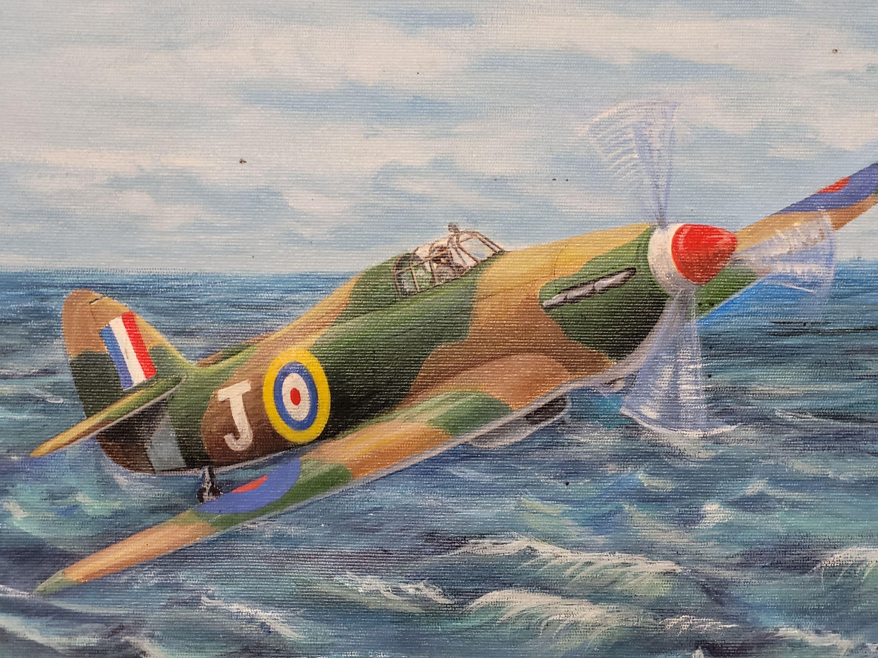 Vintage Framed Oil On Canvas Un-Signed Painting Of Spitfire