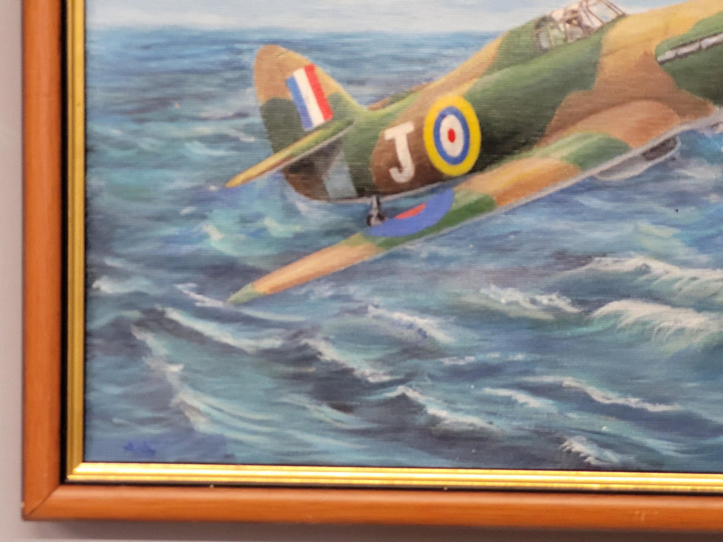 Vintage Framed Oil On Canvas Un-Signed Painting Of Spitfire