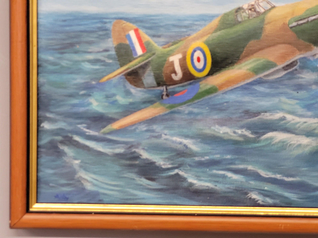 Vintage Framed Oil On Canvas Un-Signed Painting Of Spitfire