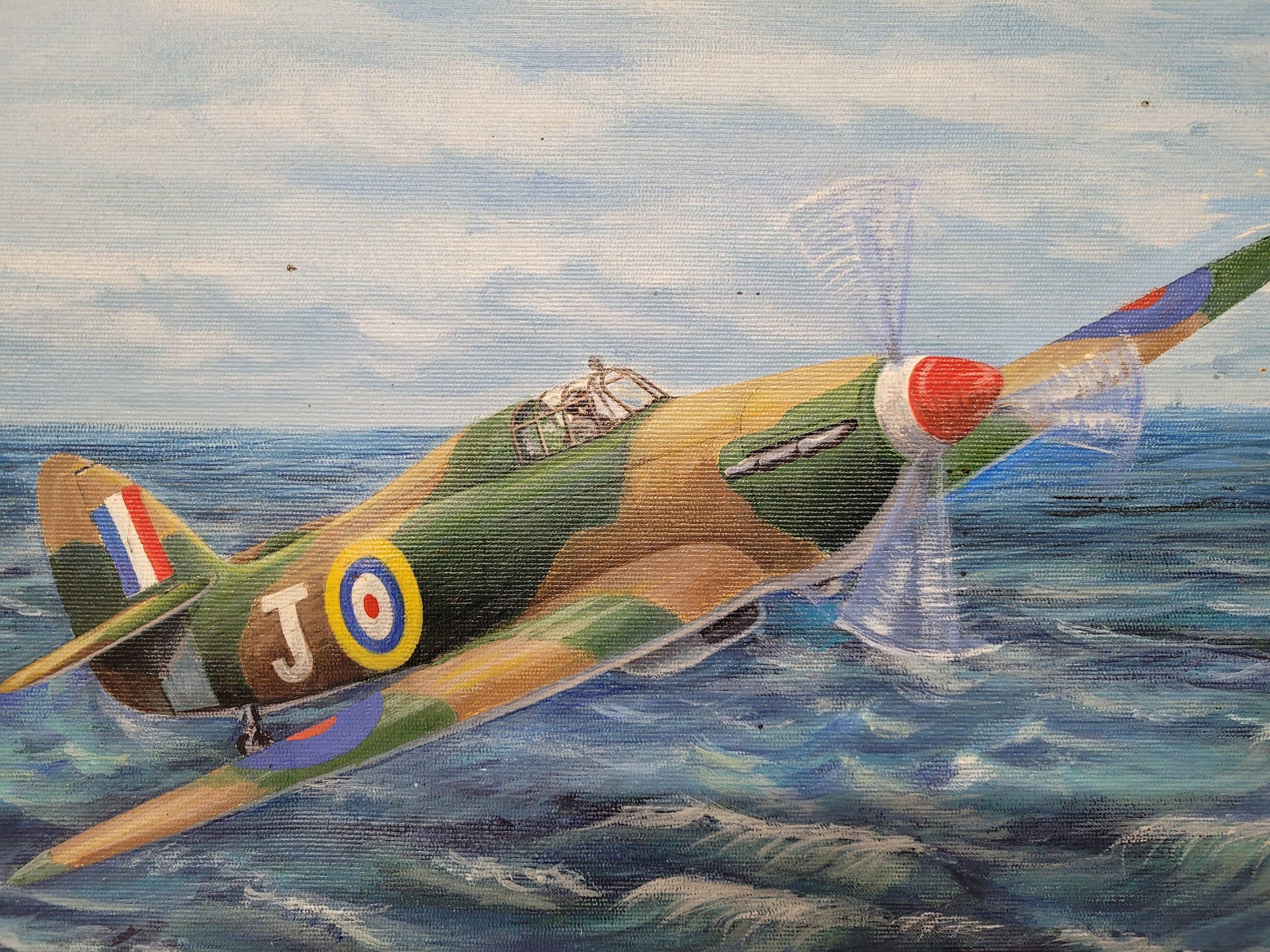 Vintage Framed Oil On Canvas Un-Signed Painting Of Spitfire