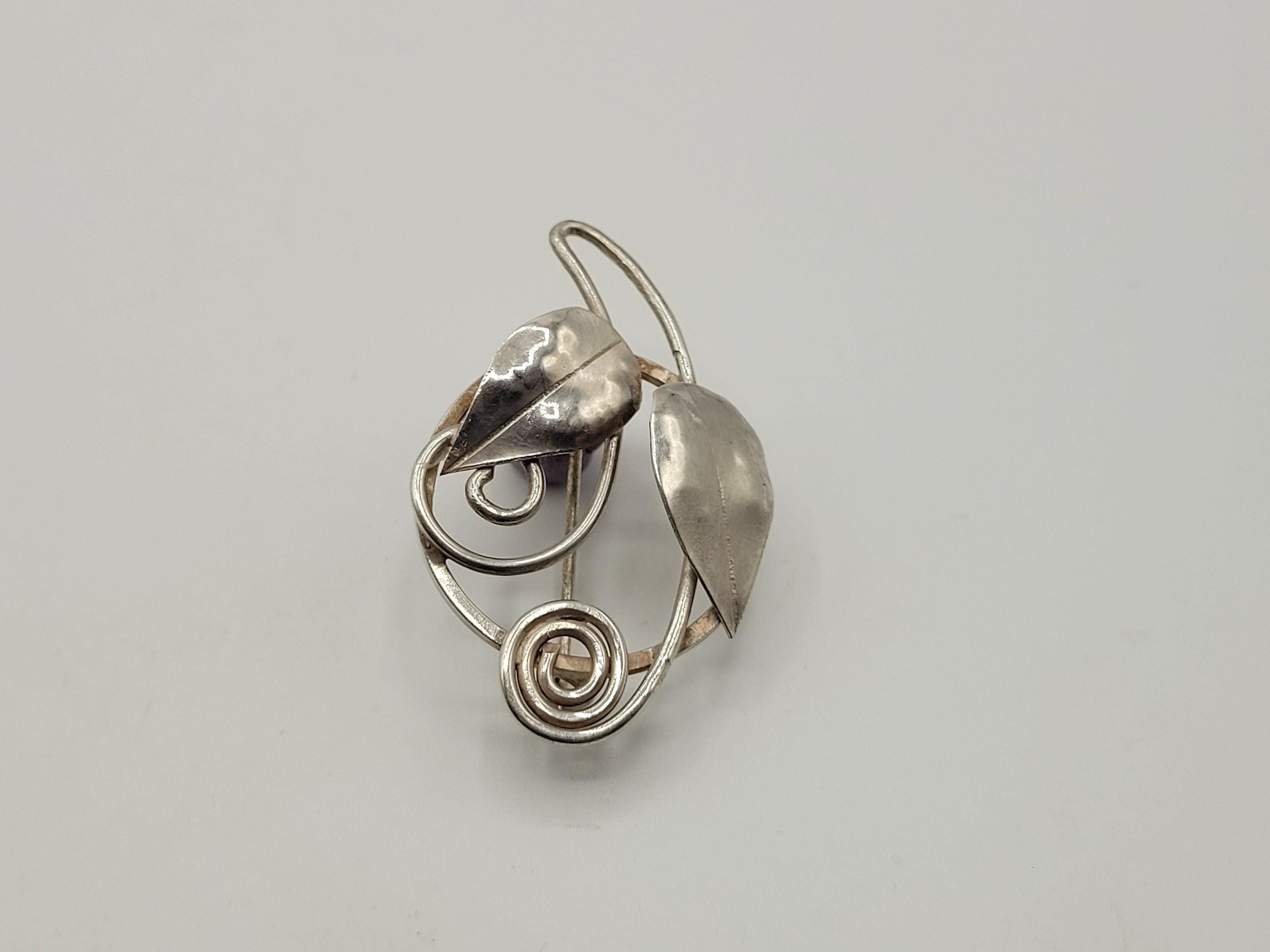 Vintage Silver Leaf Brooch Possibly Danish? Spiral Design 4.69 Grams