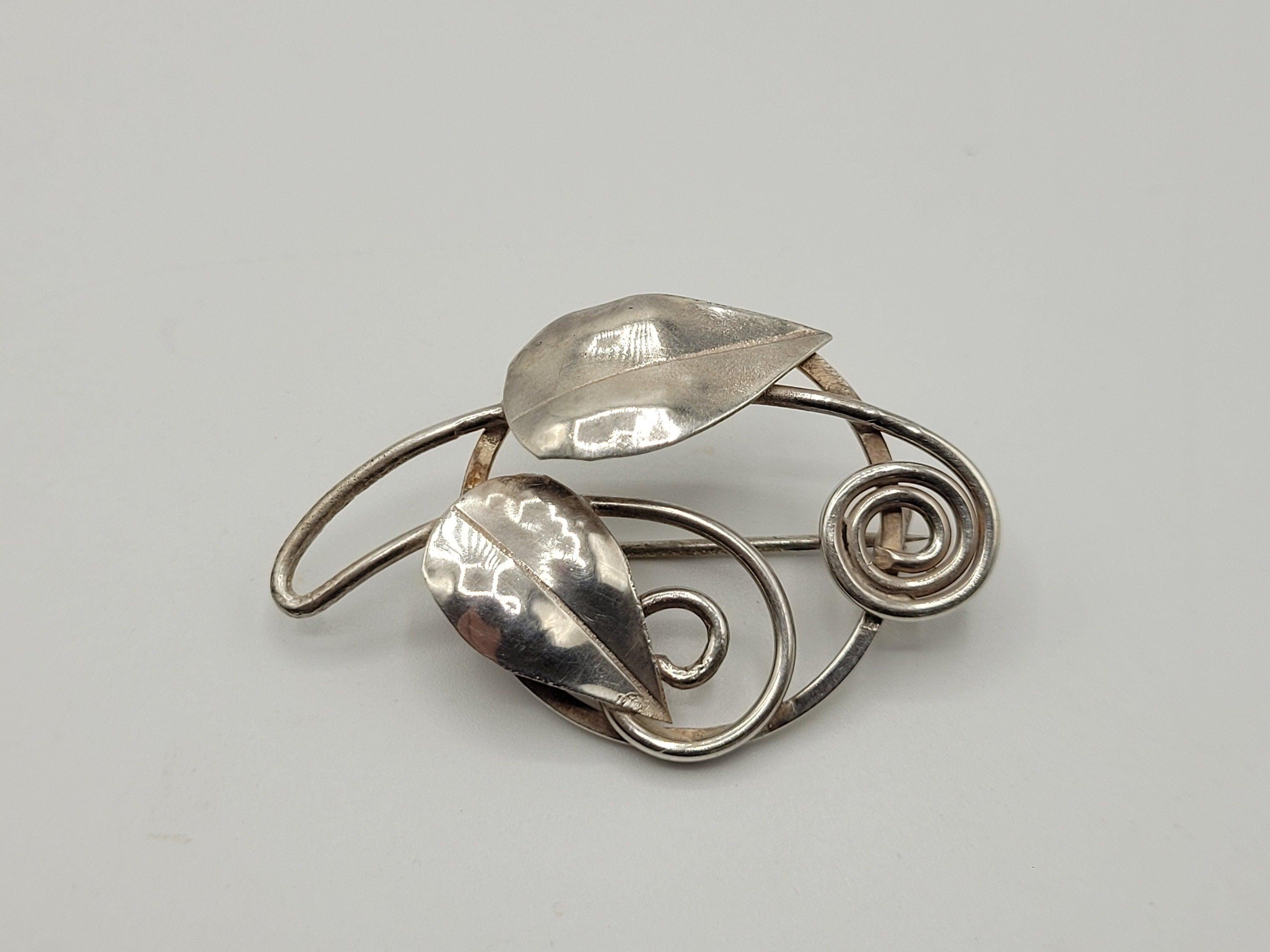 Vintage Silver Leaf Brooch Possibly Danish? Spiral Design 4.69 Grams