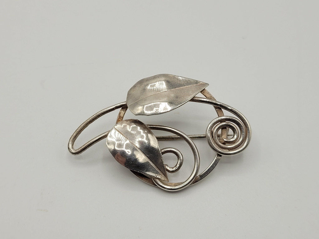 Vintage Silver Leaf Brooch Possibly Danish? Spiral Design 4.69 Grams
