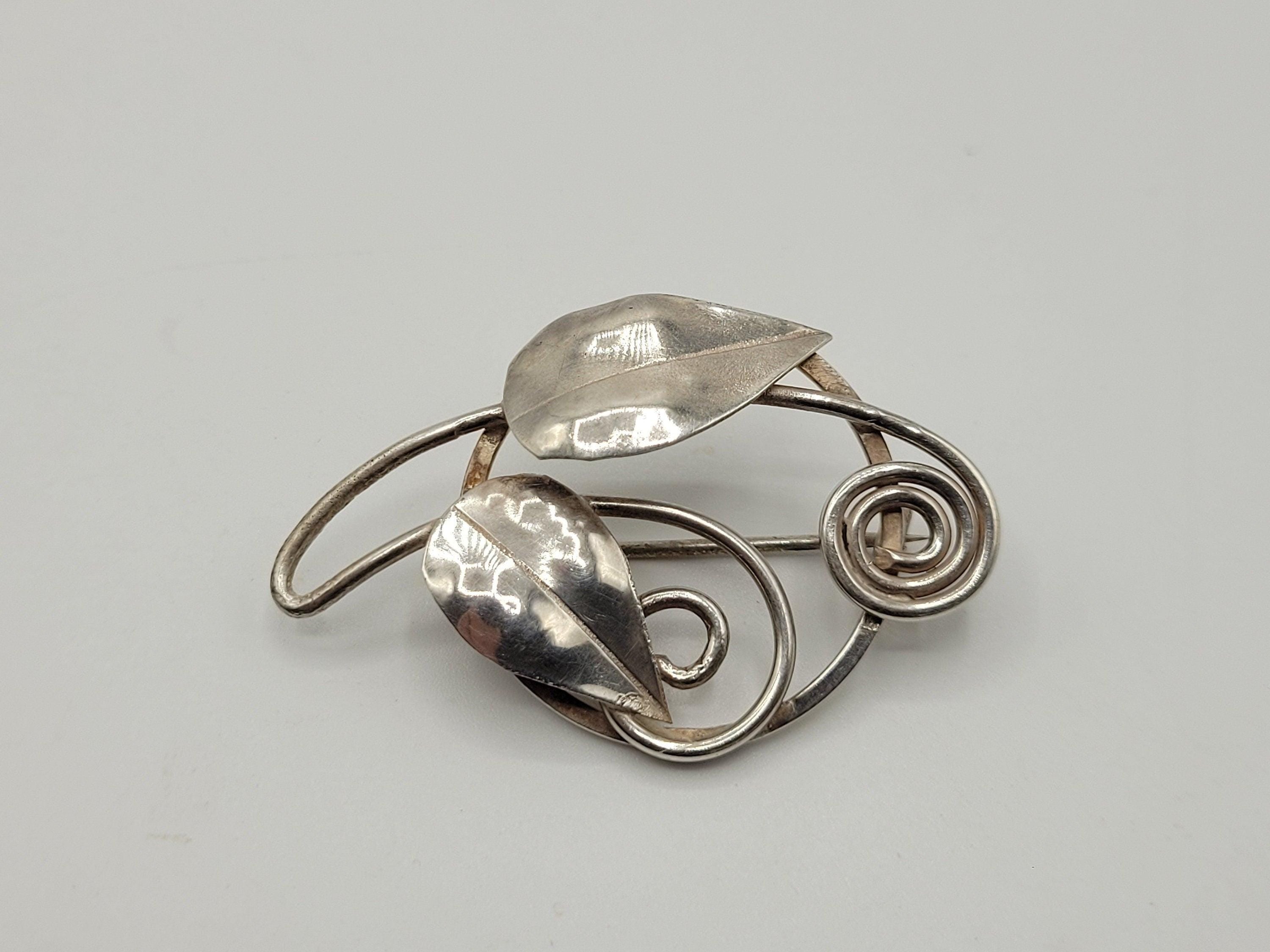 Vintage Silver Leaf Brooch Possibly Danish? Spiral Design 4.69 Grams
