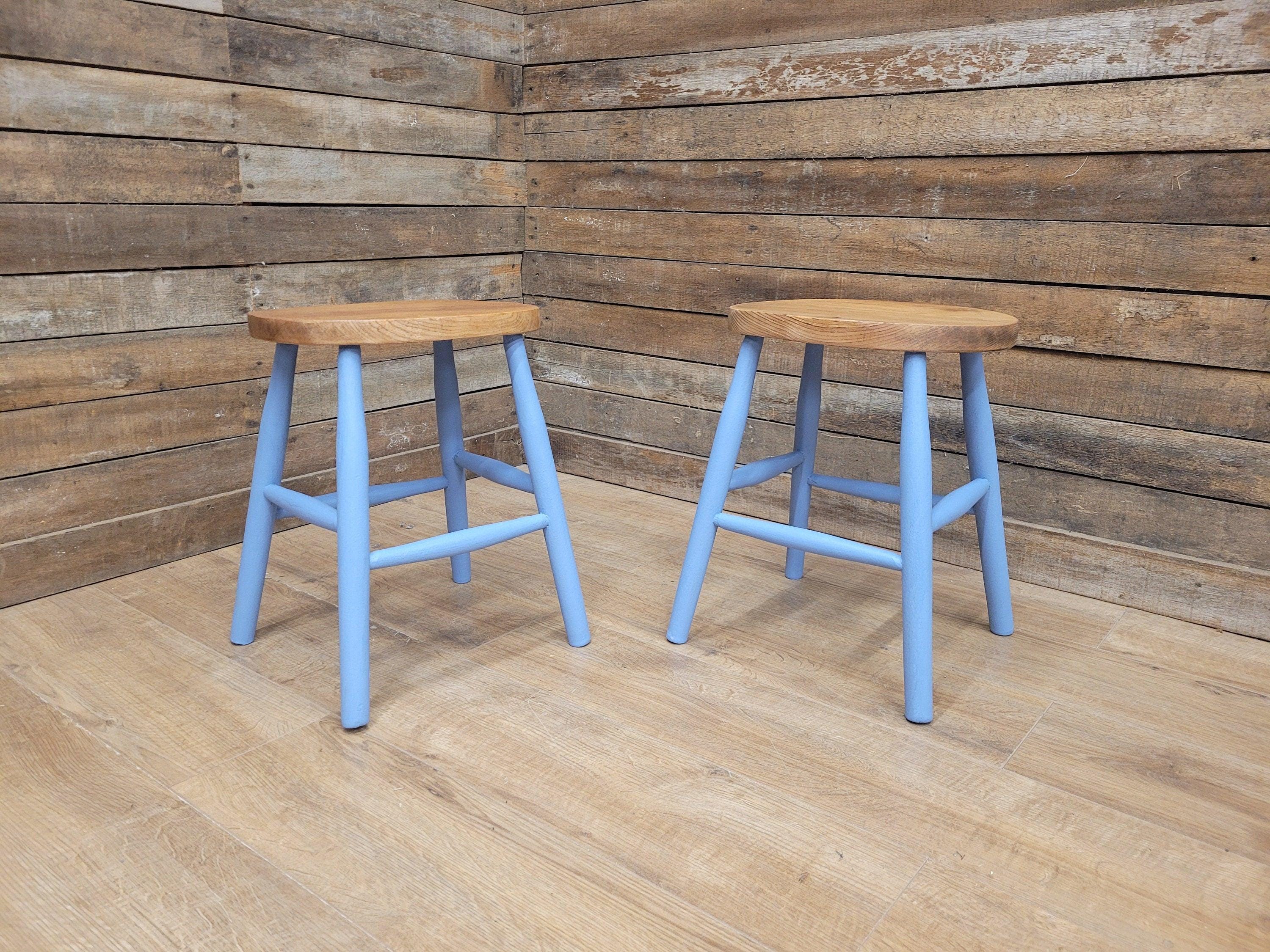 Two Vintage Oak Oval Stools Annie Sloan Painted Base Sanded Oiled Seats