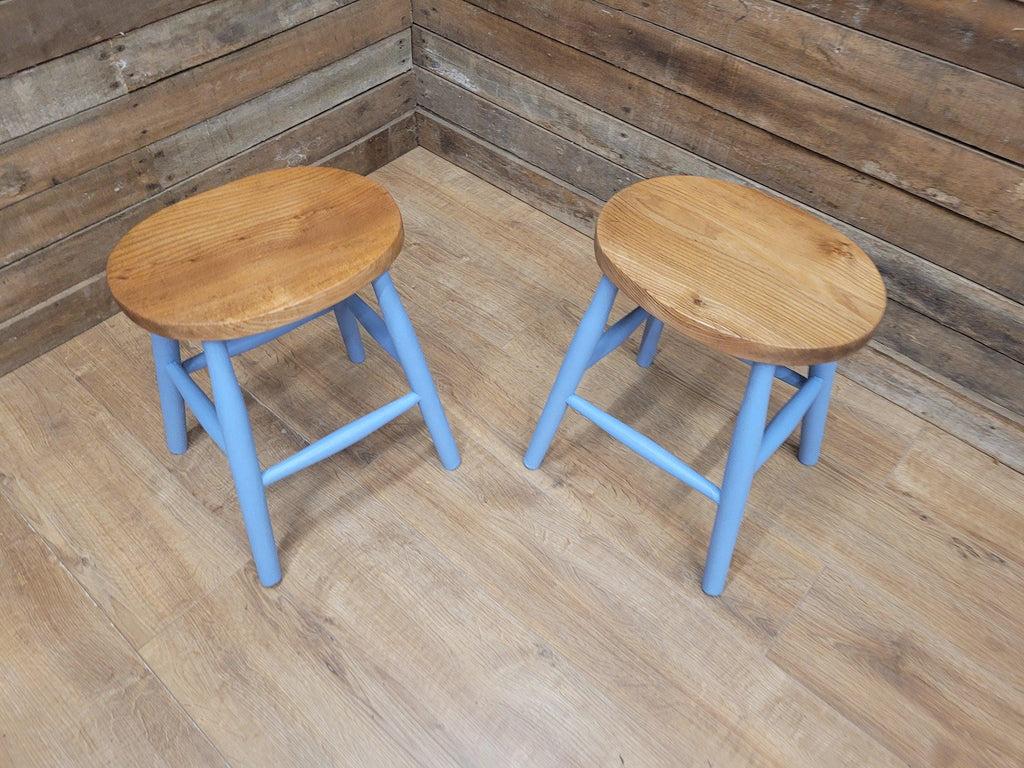 Two Vintage Oak Oval Stools Annie Sloan Painted Base Sanded Oiled Seats