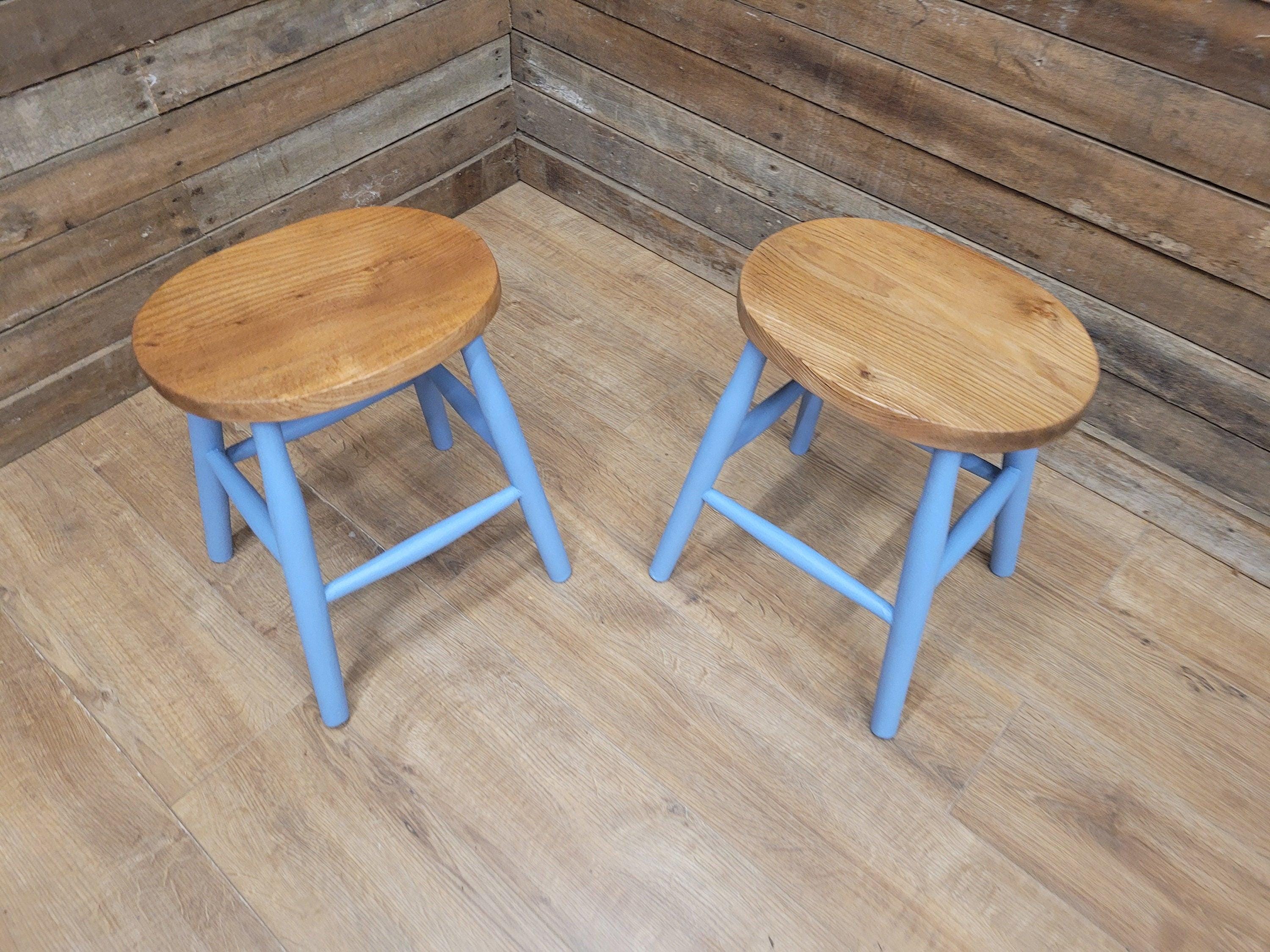 Two Vintage Oak Oval Stools Annie Sloan Painted Base Sanded Oiled Seats
