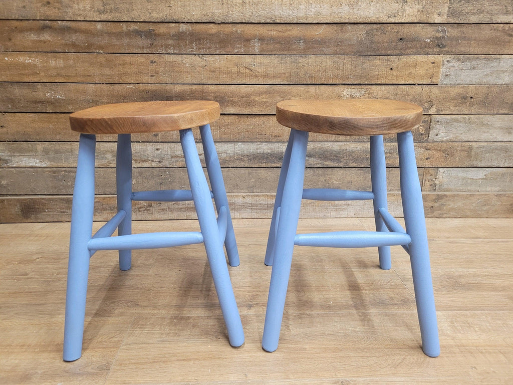 Two Vintage Oak Oval Stools Annie Sloan Painted Base Sanded Oiled Seats
