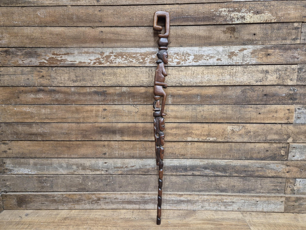 Antique Tall African Tribal Carved Walking Stick Hand Crafted Nude Snake Faces