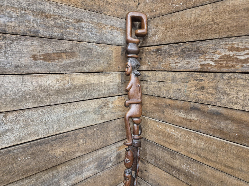 Antique Tall African Tribal Carved Walking Stick Hand Crafted Nude Snake Faces