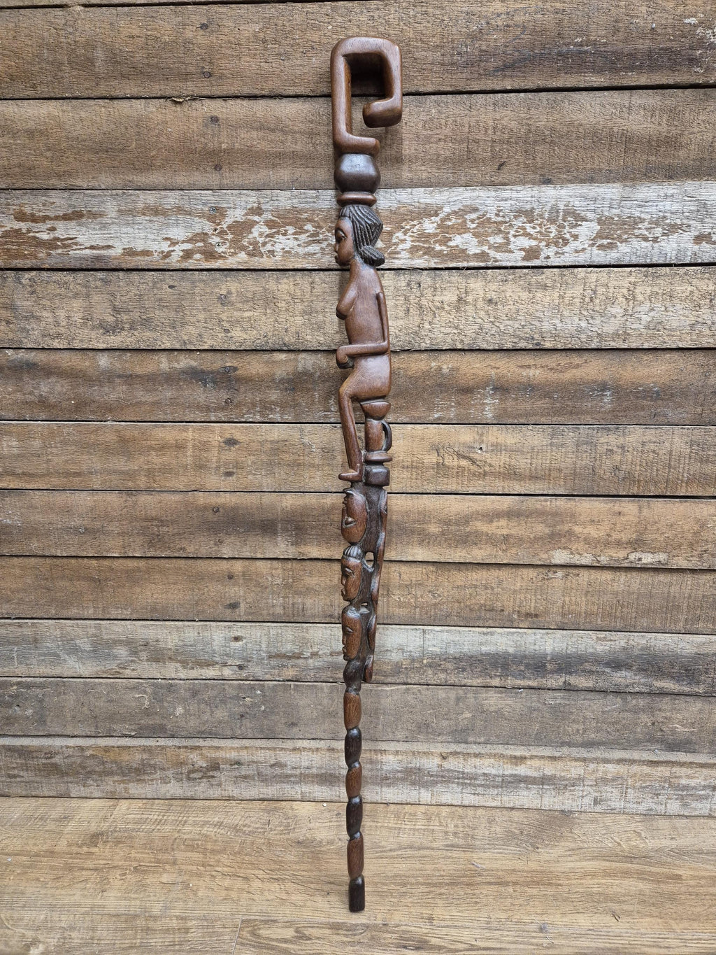 Antique Tall African Tribal Carved Walking Stick Hand Crafted Nude Snake Faces