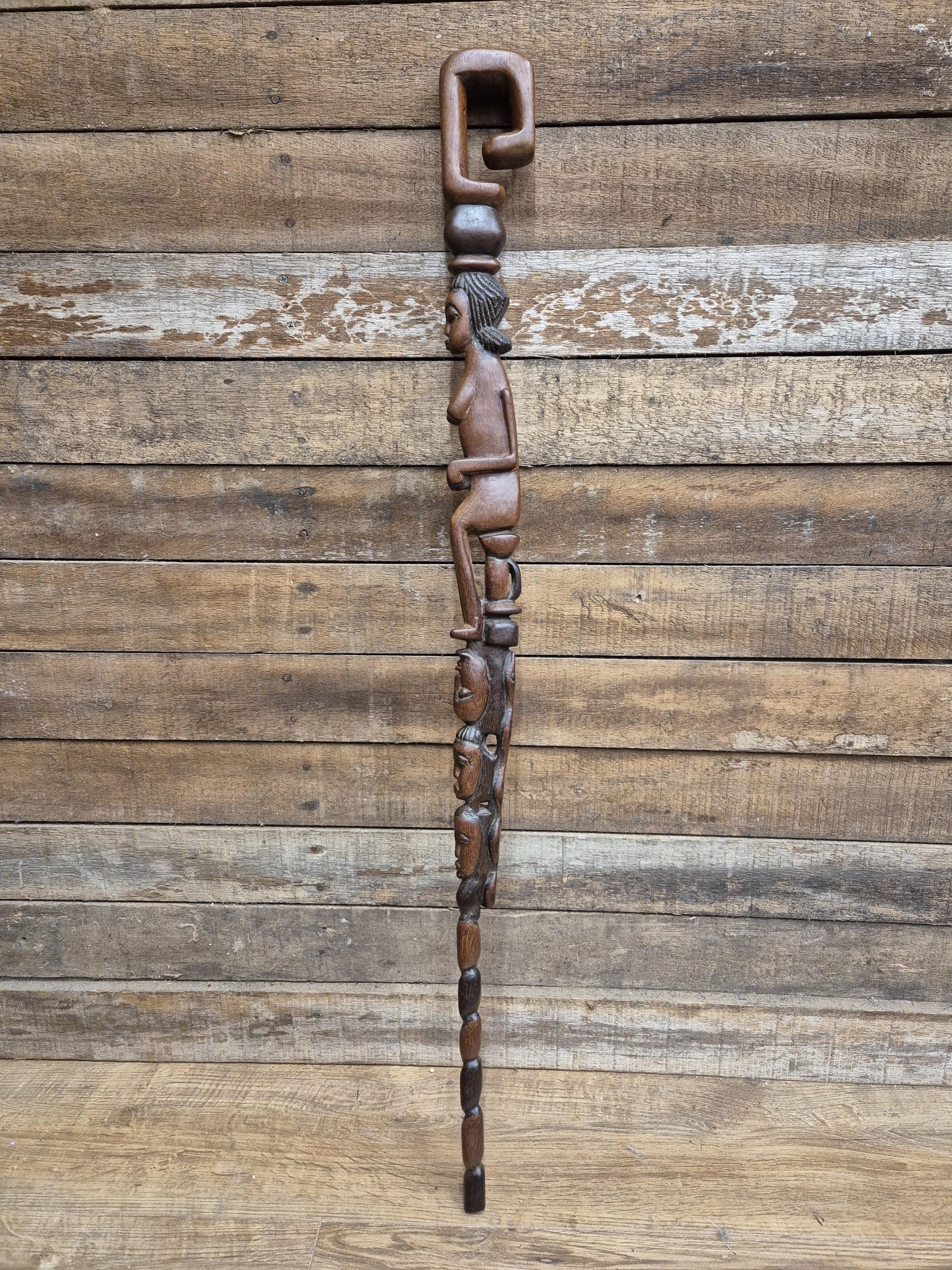 Antique Tall African Tribal Carved Walking Stick Hand Crafted Nude Snake Faces