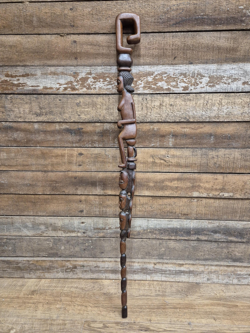 Antique Tall African Tribal Carved Walking Stick Hand Crafted Nude Snake Faces