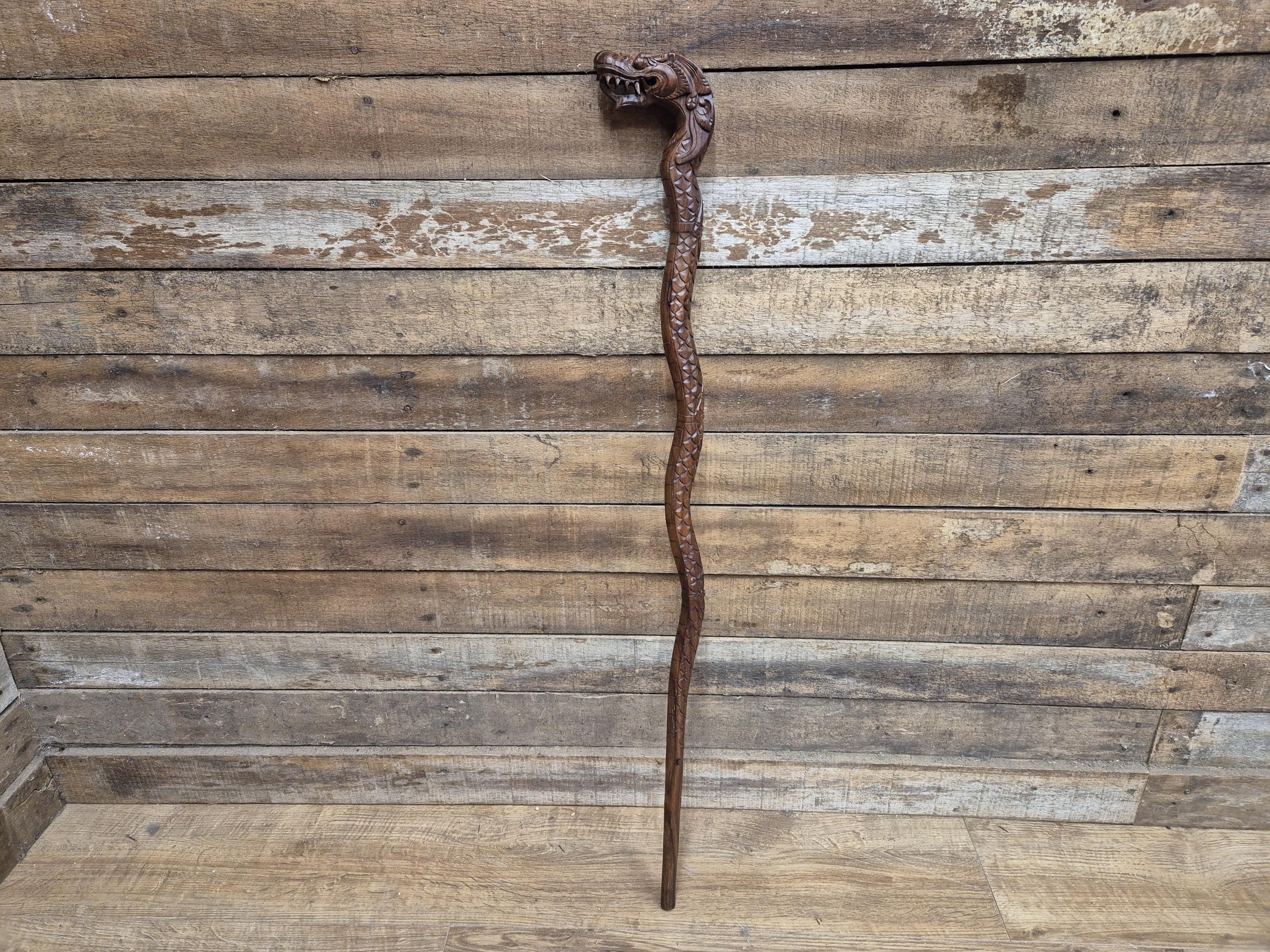 Vintage Hand Crafted Carved Dragon Head Wooden Walking Stick