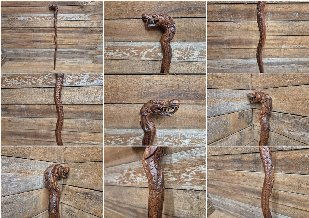 Vintage Hand Crafted Carved Dragon Head Wooden Walking Stick