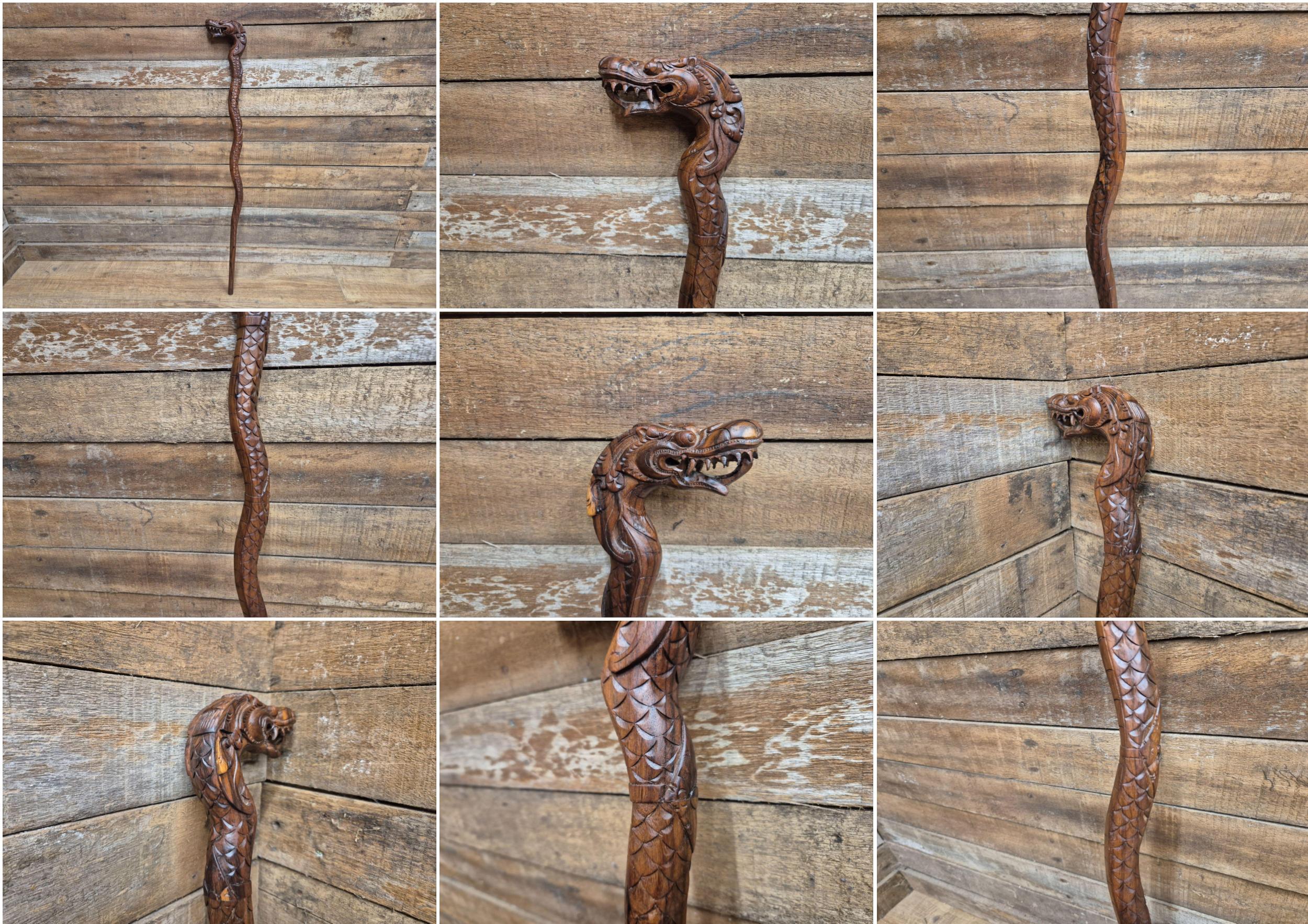 Vintage Hand Crafted Carved Dragon Head Wooden Walking Stick