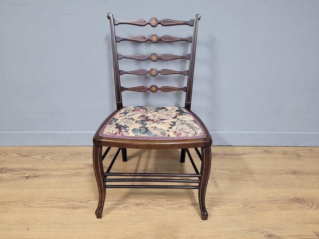 Antique Edwardian Hall Bedroom Chair Ladder Back Inlaid Detail Floral Seat