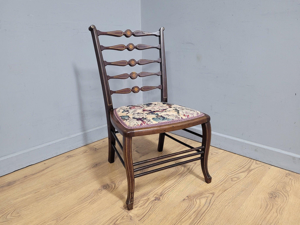 Antique Edwardian Hall Bedroom Chair Ladder Back Inlaid Detail Floral Seat