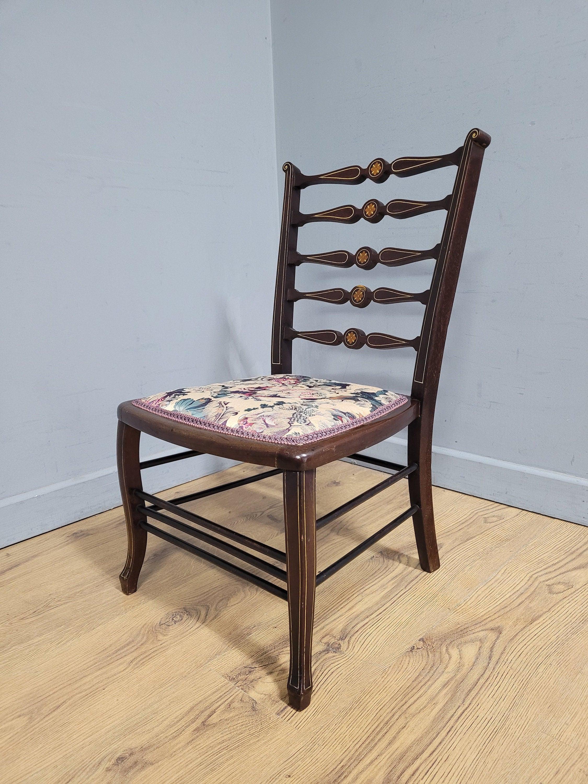 Antique Edwardian Hall Bedroom Chair Ladder Back Inlaid Detail Floral Seat