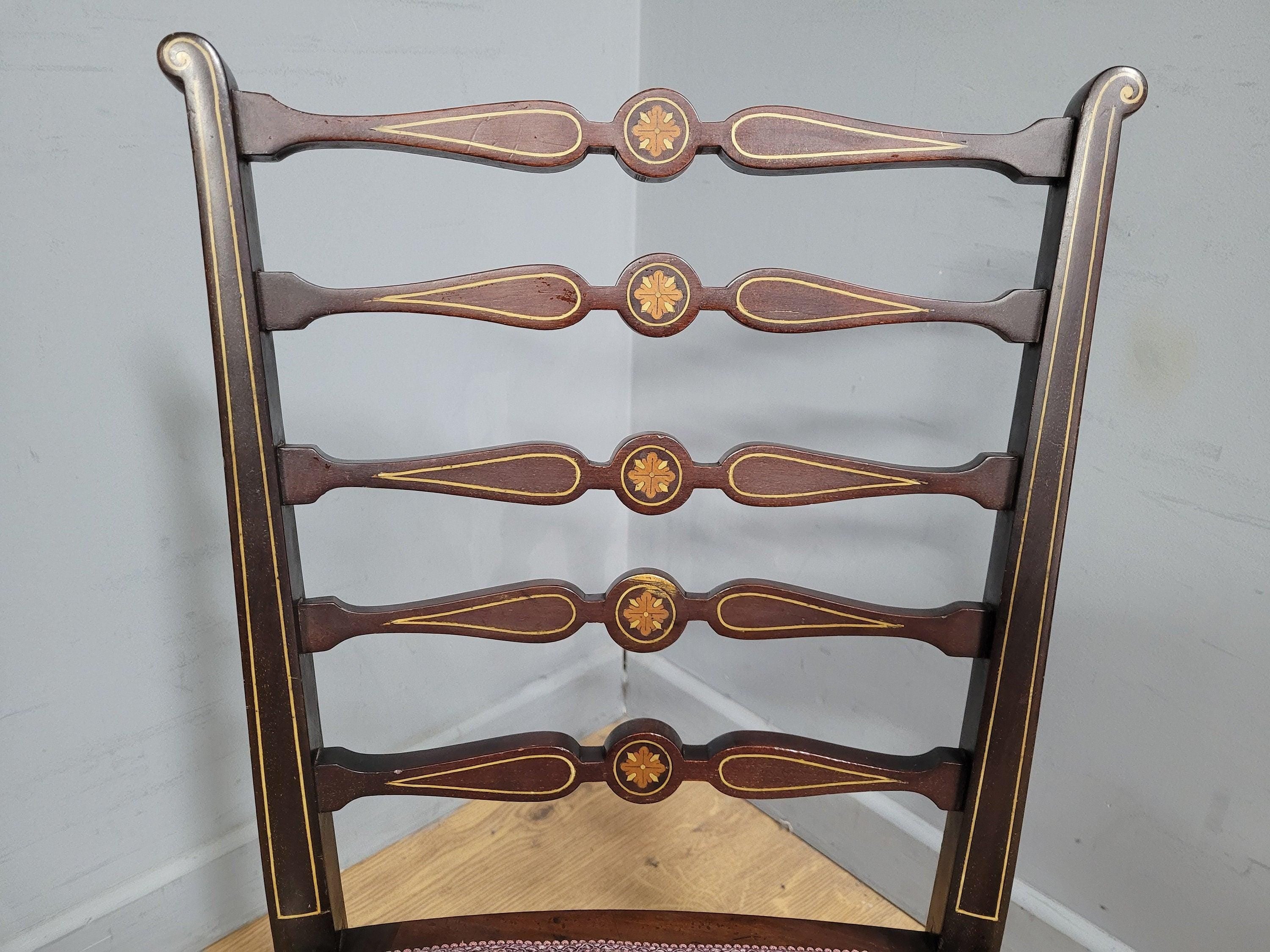 Antique Edwardian Hall Bedroom Chair Ladder Back Inlaid Detail Floral Seat