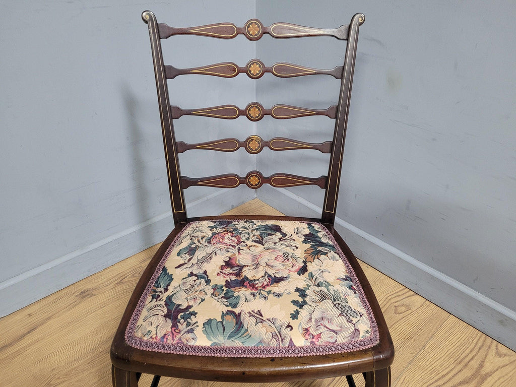 Antique Edwardian Hall Bedroom Chair Ladder Back Inlaid Detail Floral Seat