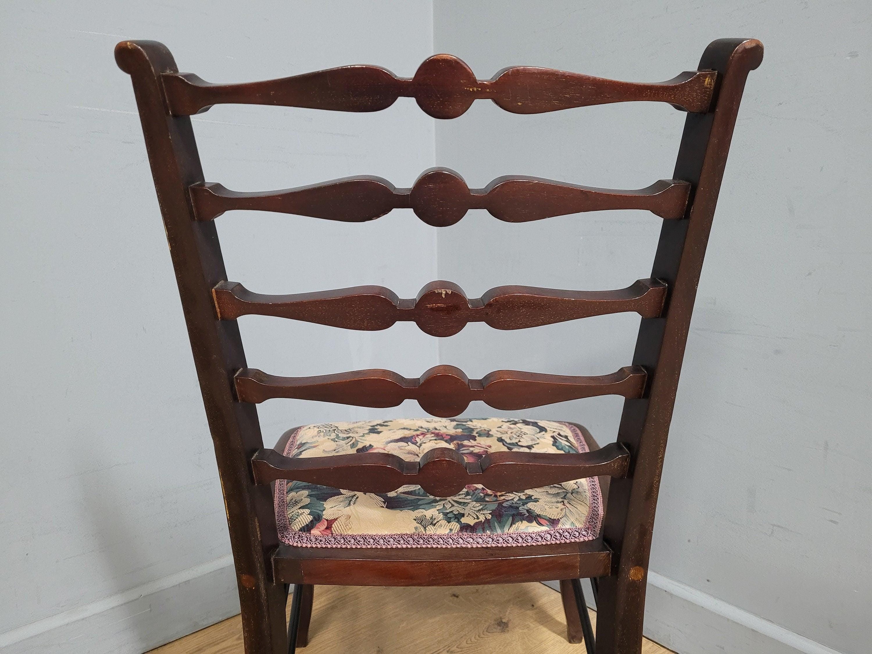 Antique Edwardian Hall Bedroom Chair Ladder Back Inlaid Detail Floral Seat